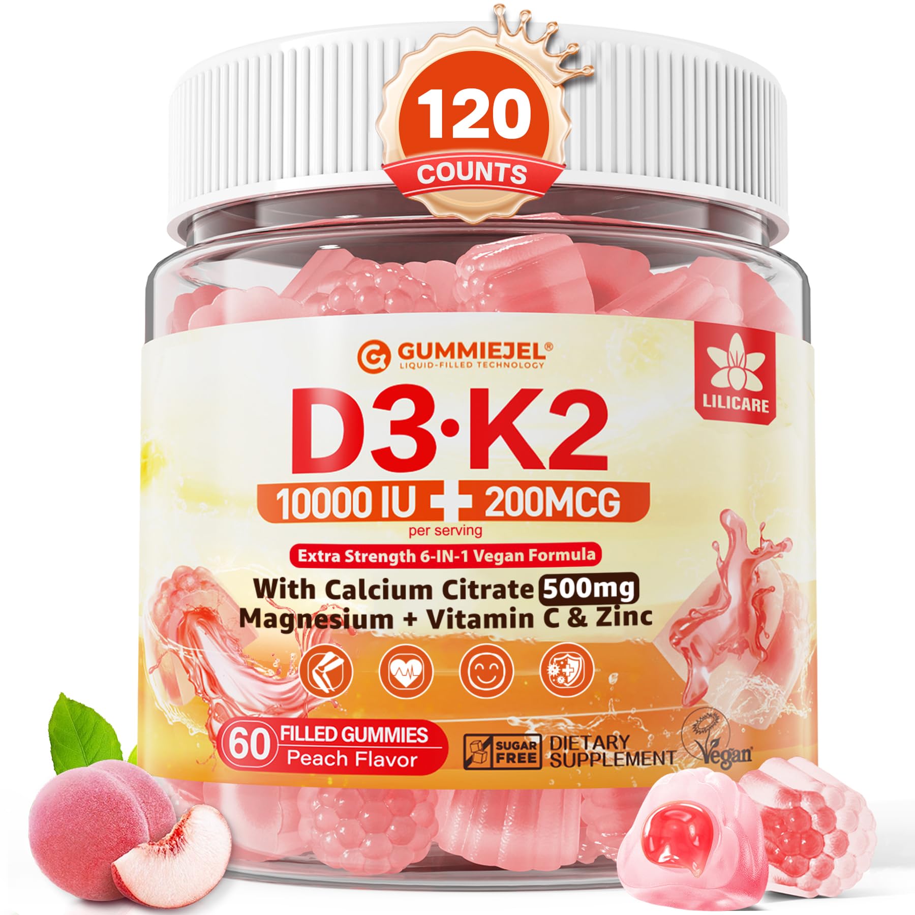 LILICARE gommes D3K2 remplies au liquide goût pêche favorisant l'absorption.