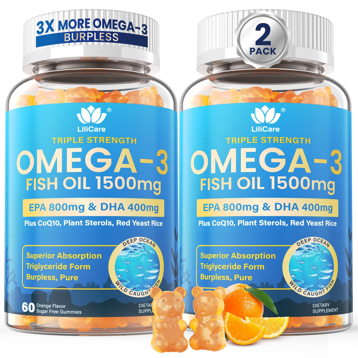 Gommes Oméga-3 LILICARE en bouteille, pratique pour l'apport quotidien.