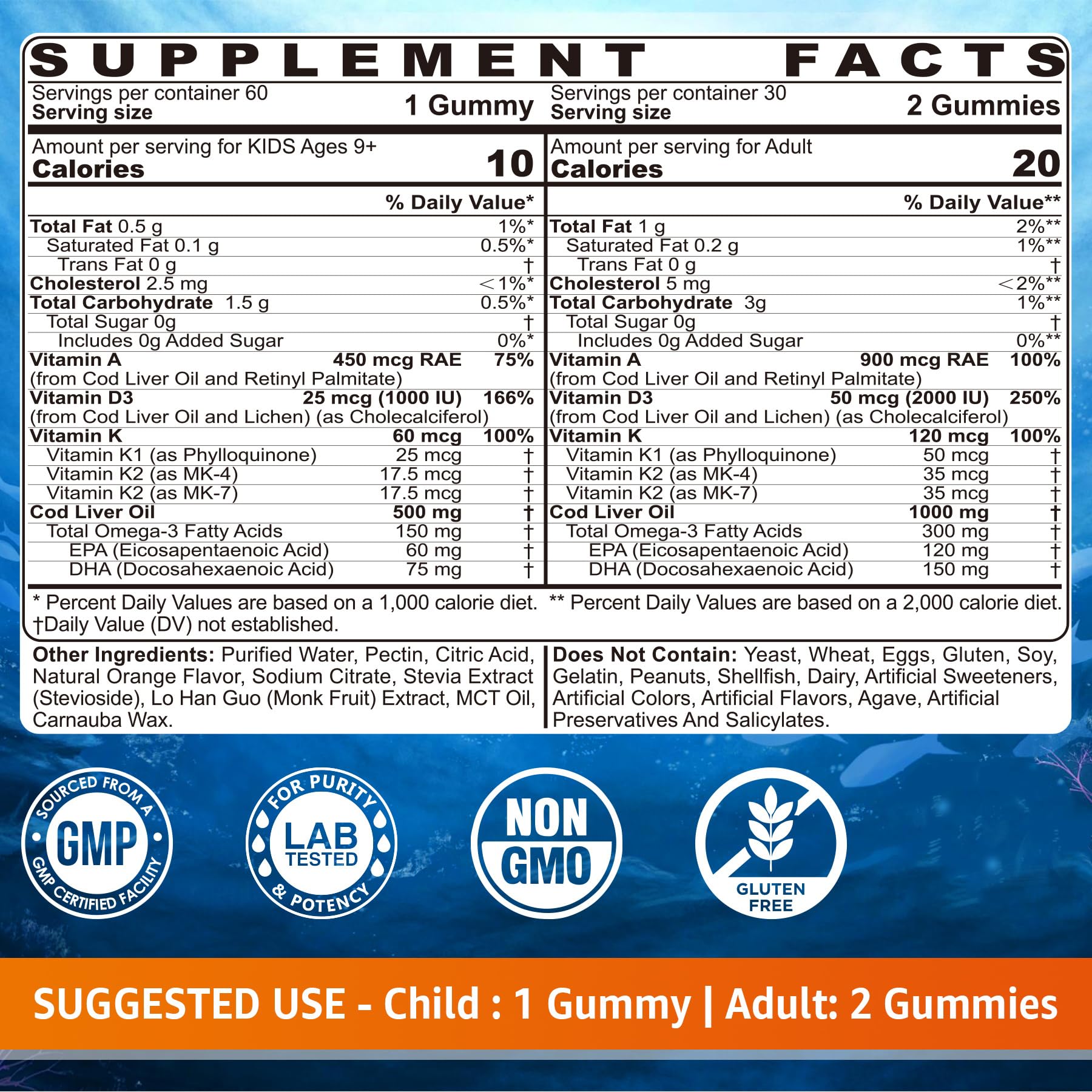 Gommes Lilicare Omega-3 pour enfant, formulation ADK, soutien potentiel du développement cognitif.