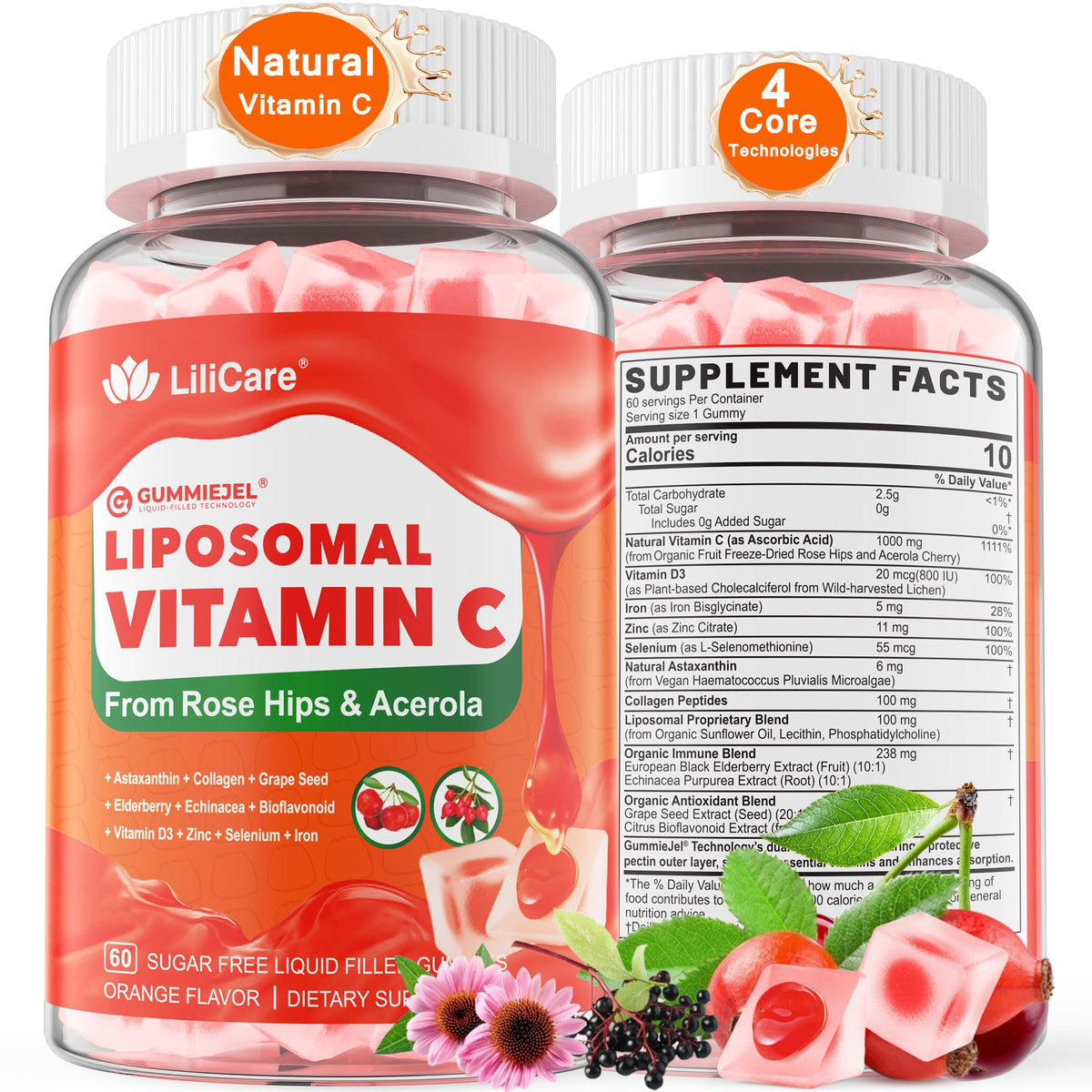 Gommes Lilicare vitamine C liposomale 1000 mg, flacon élégant, soutien immunitaire potentiel.