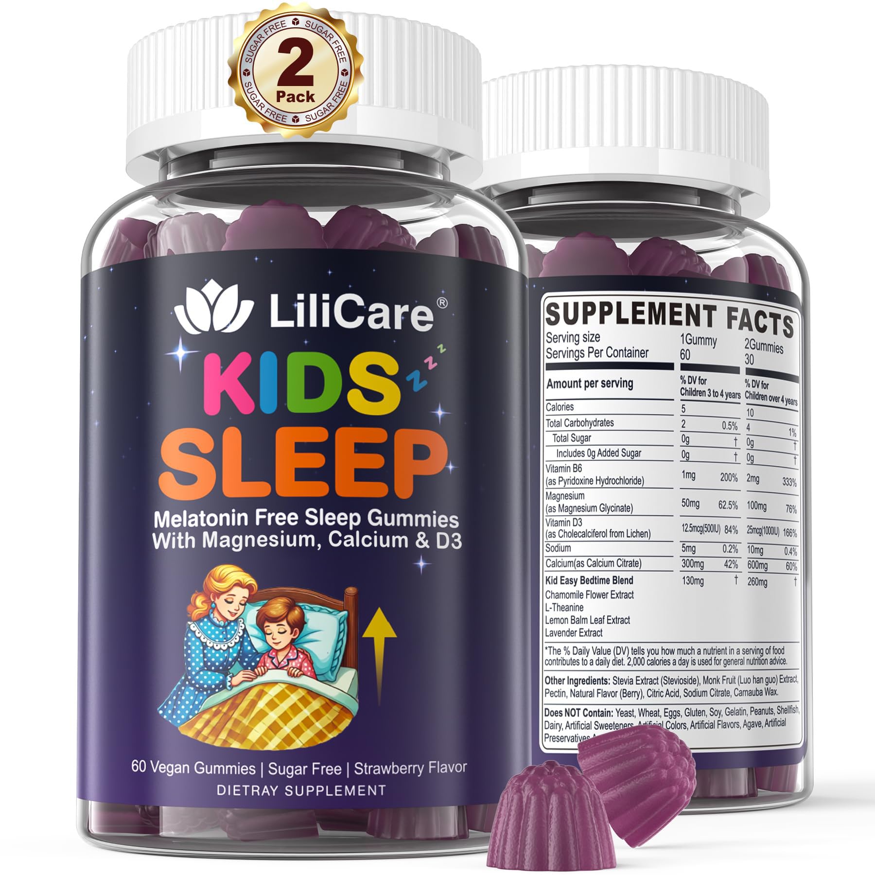 Gommes LILICARE pour enfants, bouteille visible, favorise un rituel nocturne apaisant.