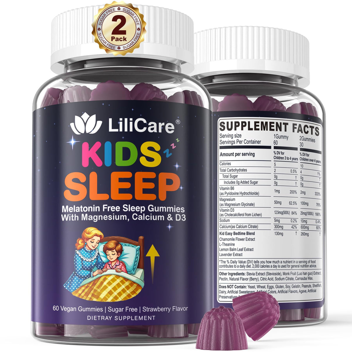 Gommes LILICARE pour enfants, bouteille visible, favorise un rituel nocturne apaisant.