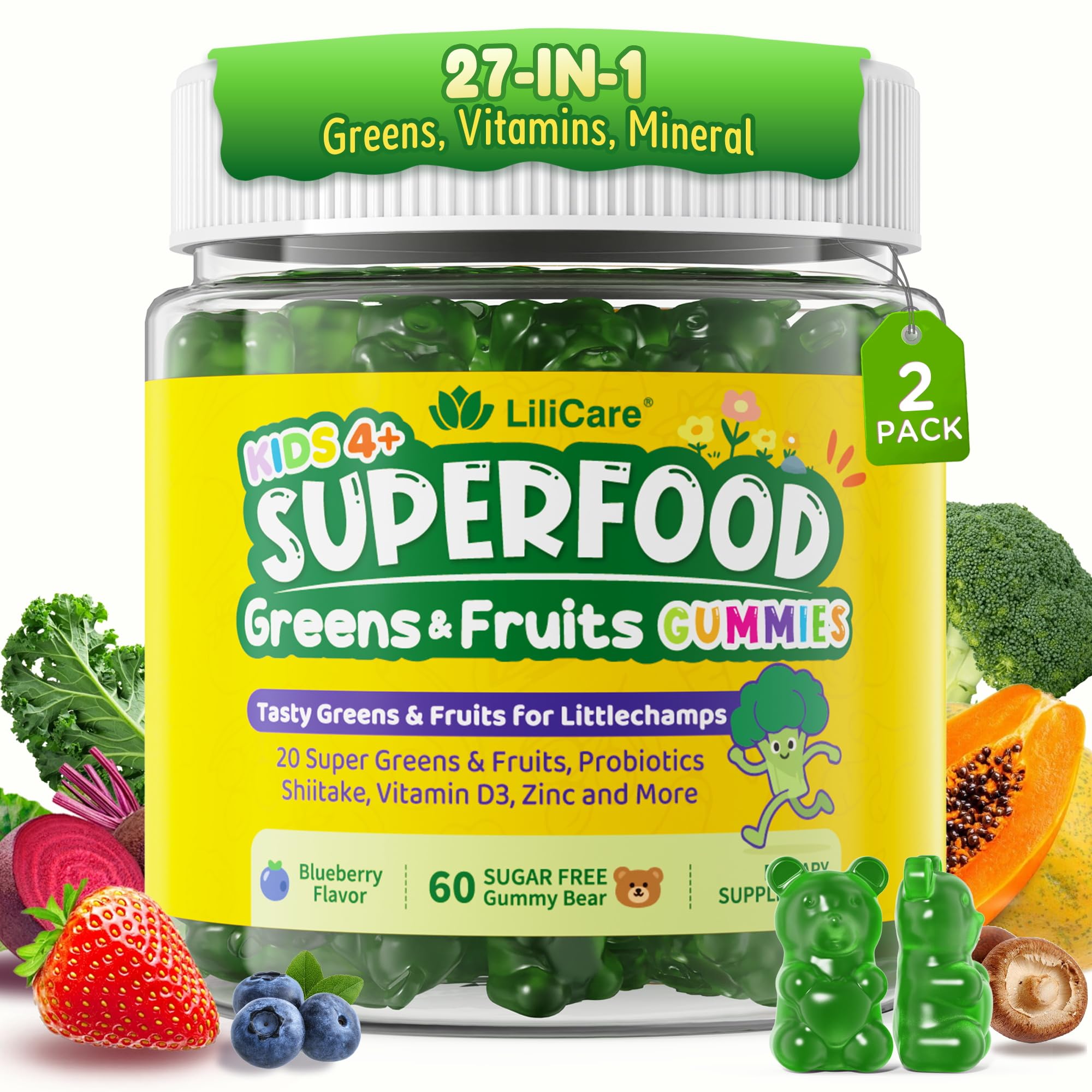 LILICARE Kids Super Greens Gummies dans la bouteille, snack pratique et sain pour le goûter.