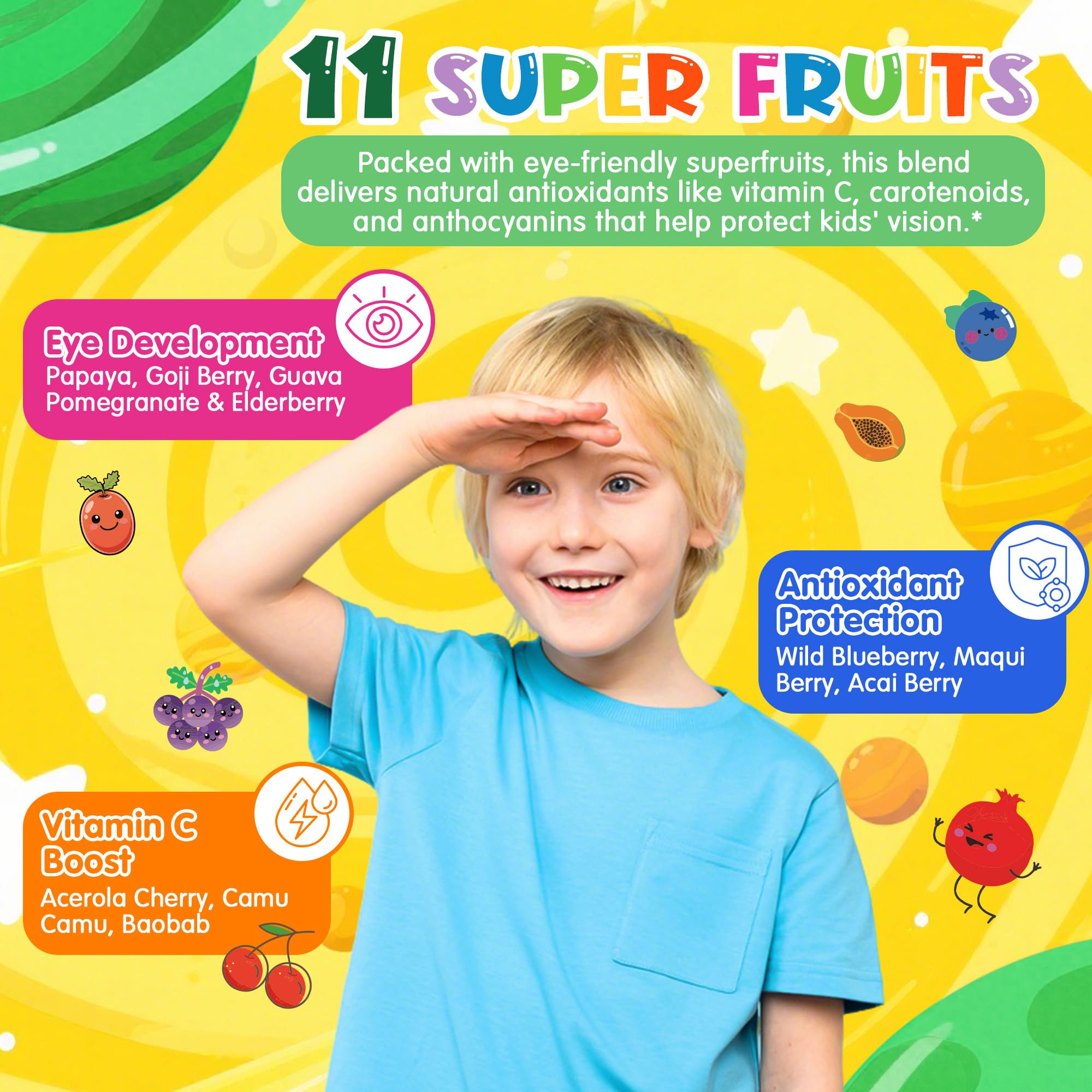 Ingrédients naturels LILICARE – spiruline et fruits, riches en nutriments.
