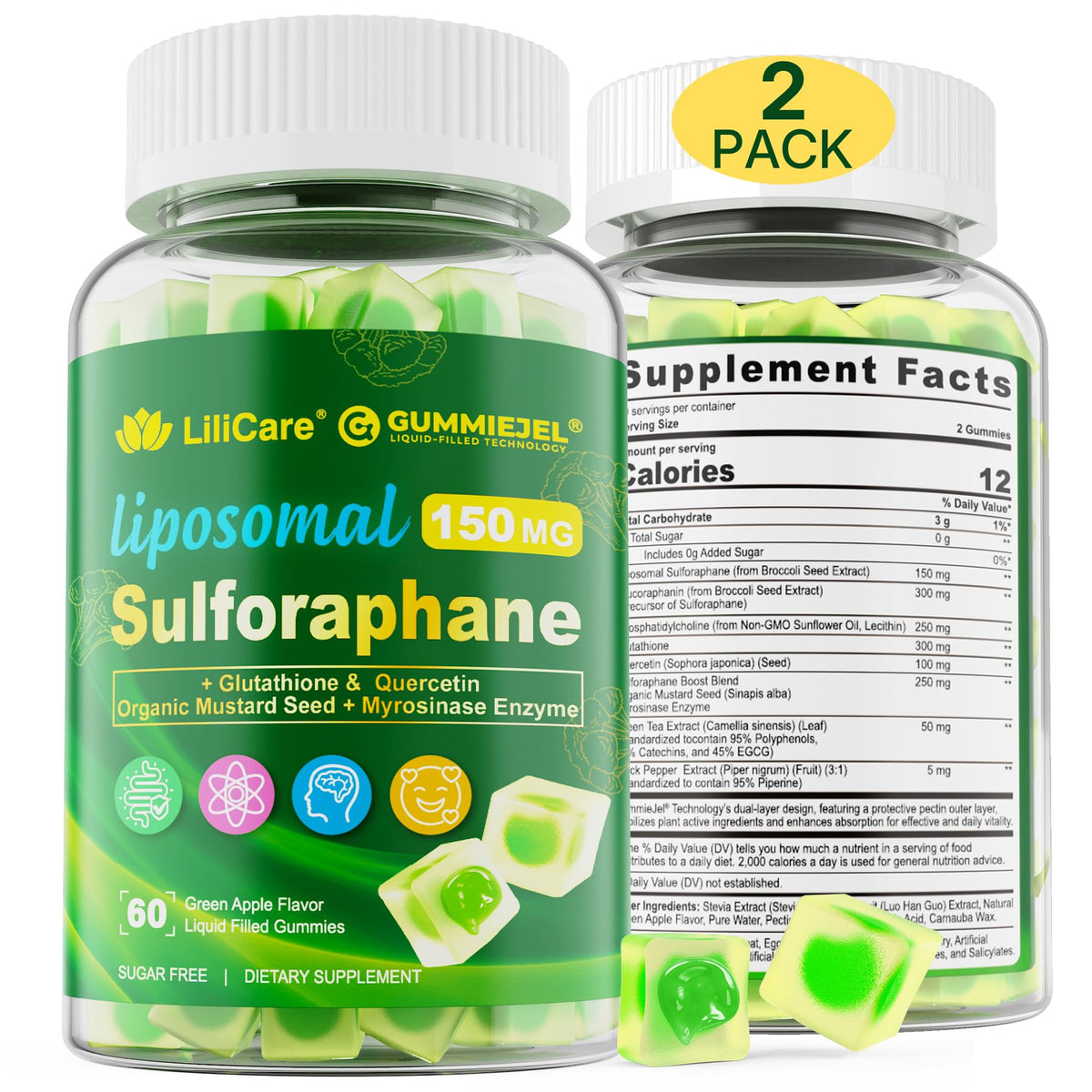 Gomme Lilicare au sulforaphane liposomal goût pomme verte, soutien antioxydant potentiel.
