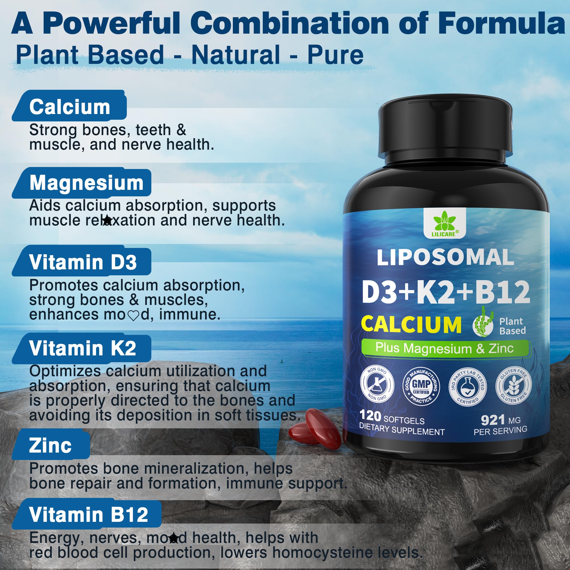 Vitamine D3 5000 UI et K2 vegan LILICARE, soutien potentiel du métabolisme.