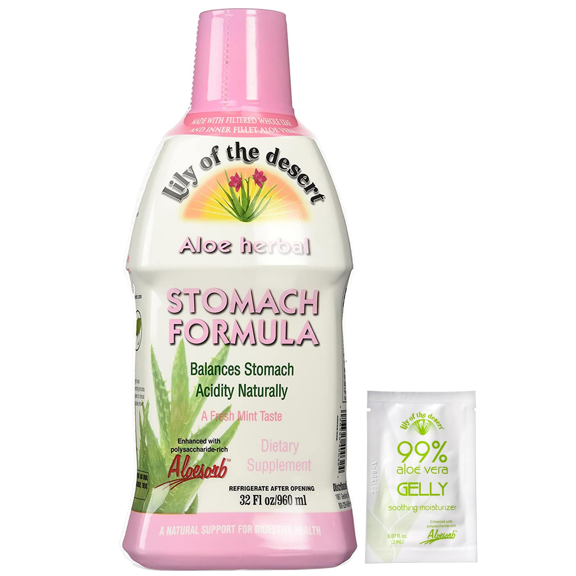 Lily of the Desert – bouteille montrant la formule estomac et aloé véra.