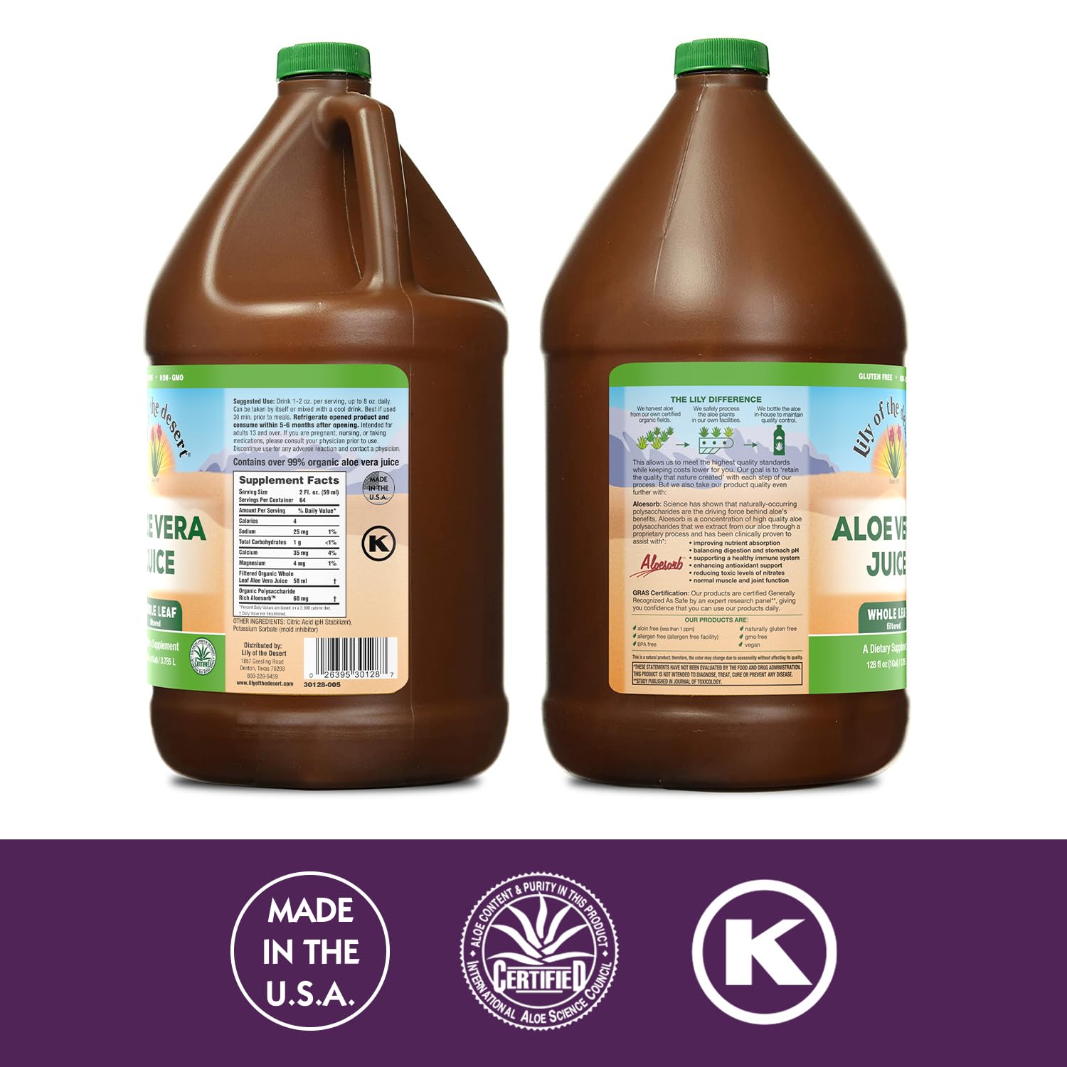 Étiquette Lily of the Desert Aloe Juice montrant ingrédients naturels.