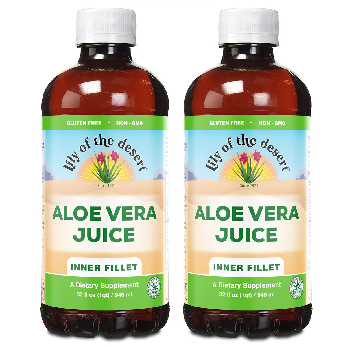 Jus aloé Lily Of The Desert, bouteille intérieure montrant la pulpe naturelle et les bénéfices potentiels