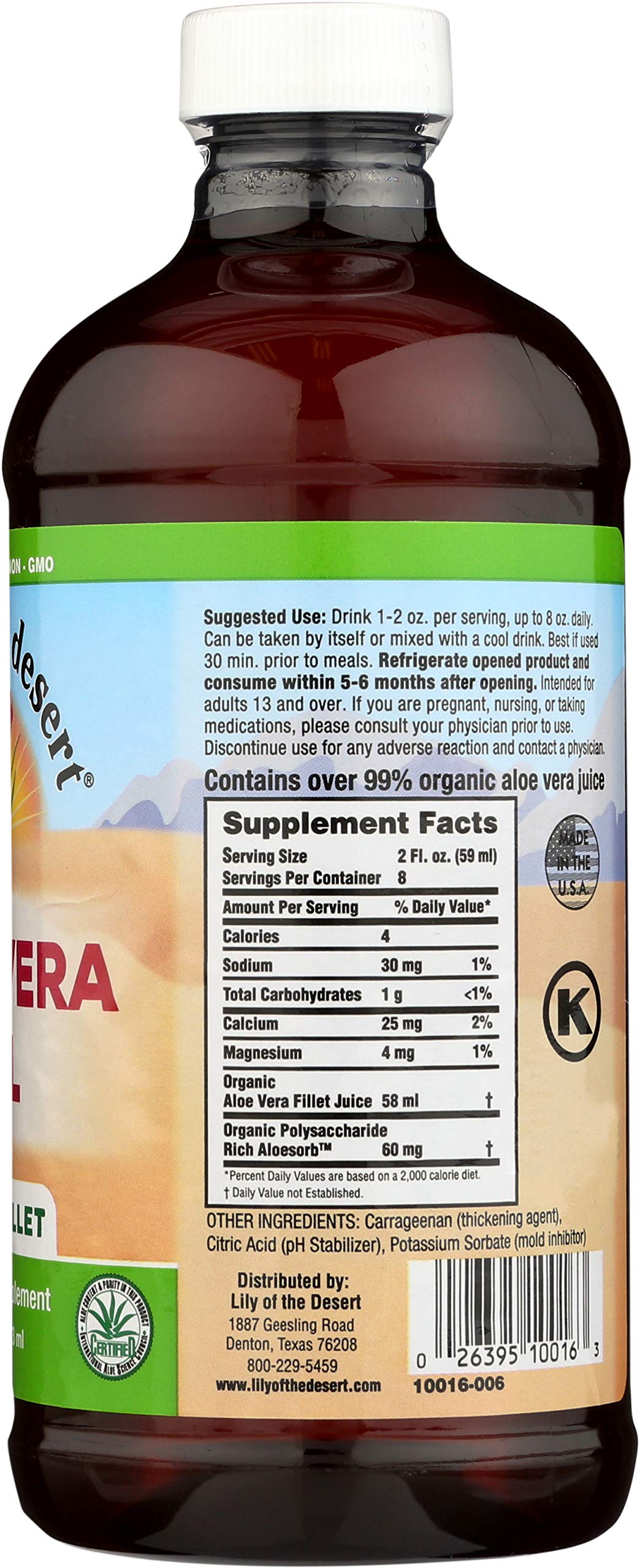 Bouteille Lily Of The Desert Aloe Vera 500 ml, idéale pour boissons et soins.