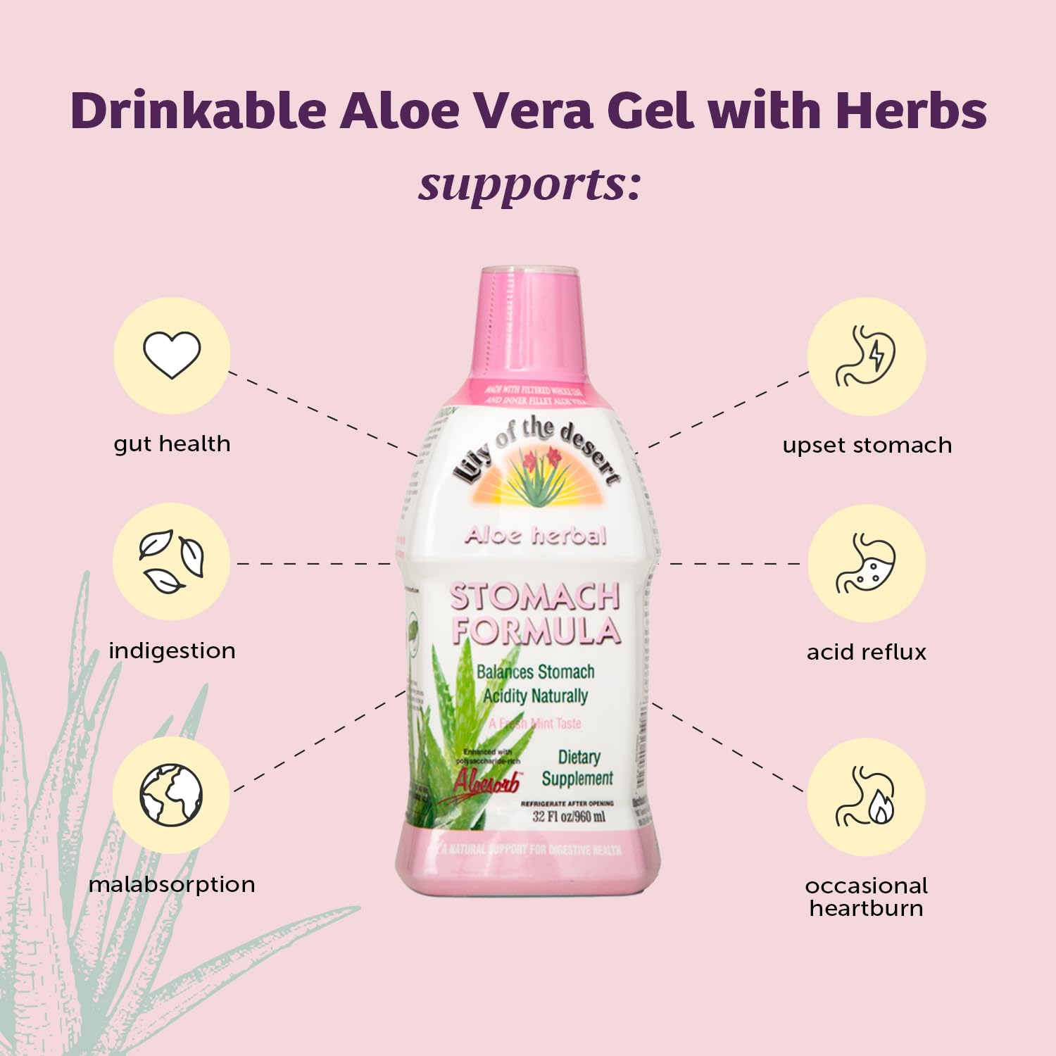 Lily Of The Desert Estomac Formule – Aloesorb: ingrédient breveté pour une expérience enrichie.