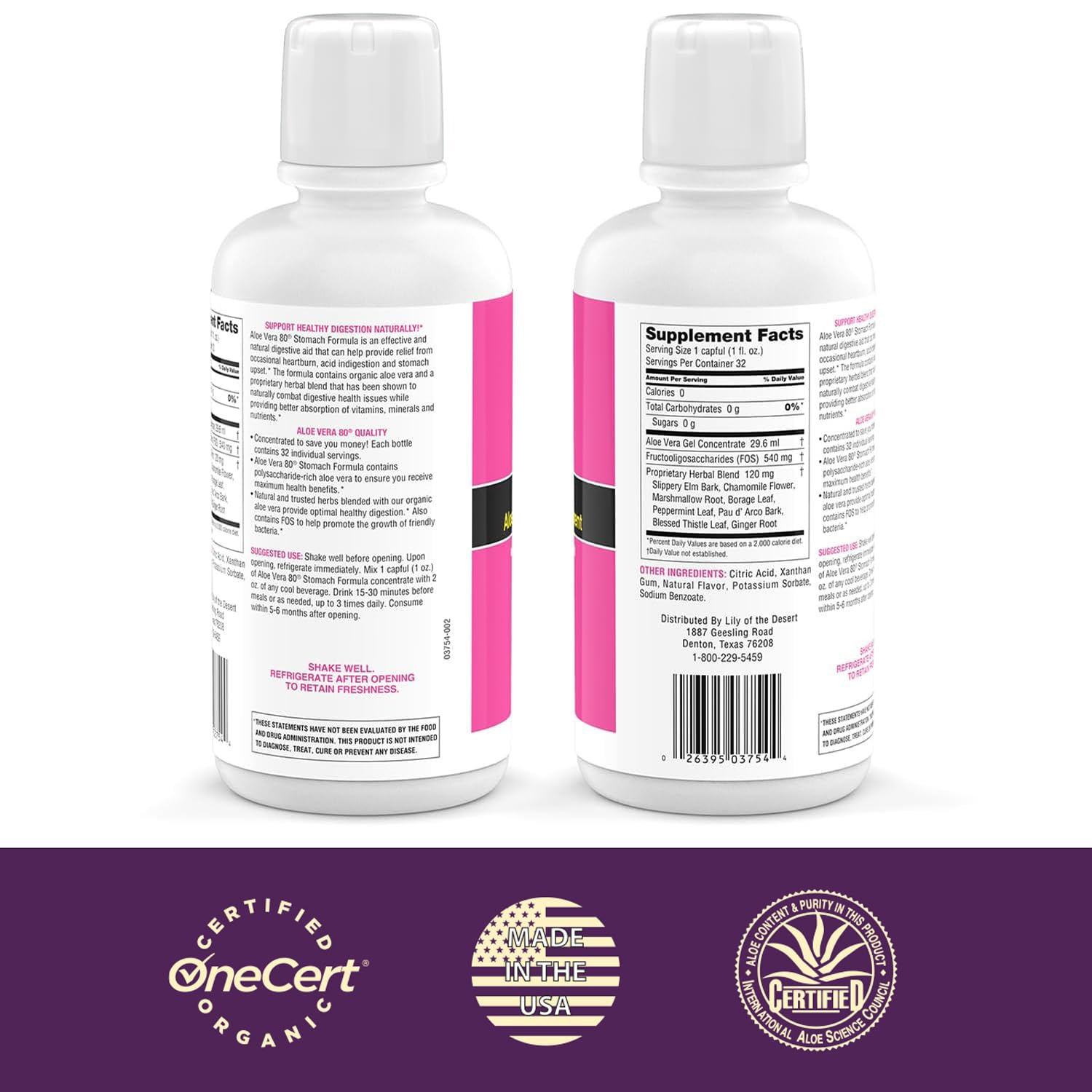 Étiquette Lily Of The Desert Aloe Vera 80 Gel Concentré, présentation naturelle.
