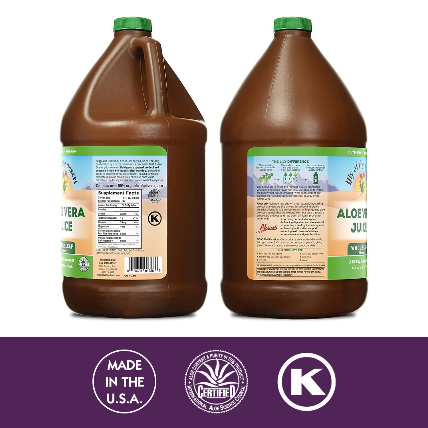 Lily Of The Desert Aloe Vera Juice, versement du jus filtré, douceur et pureté