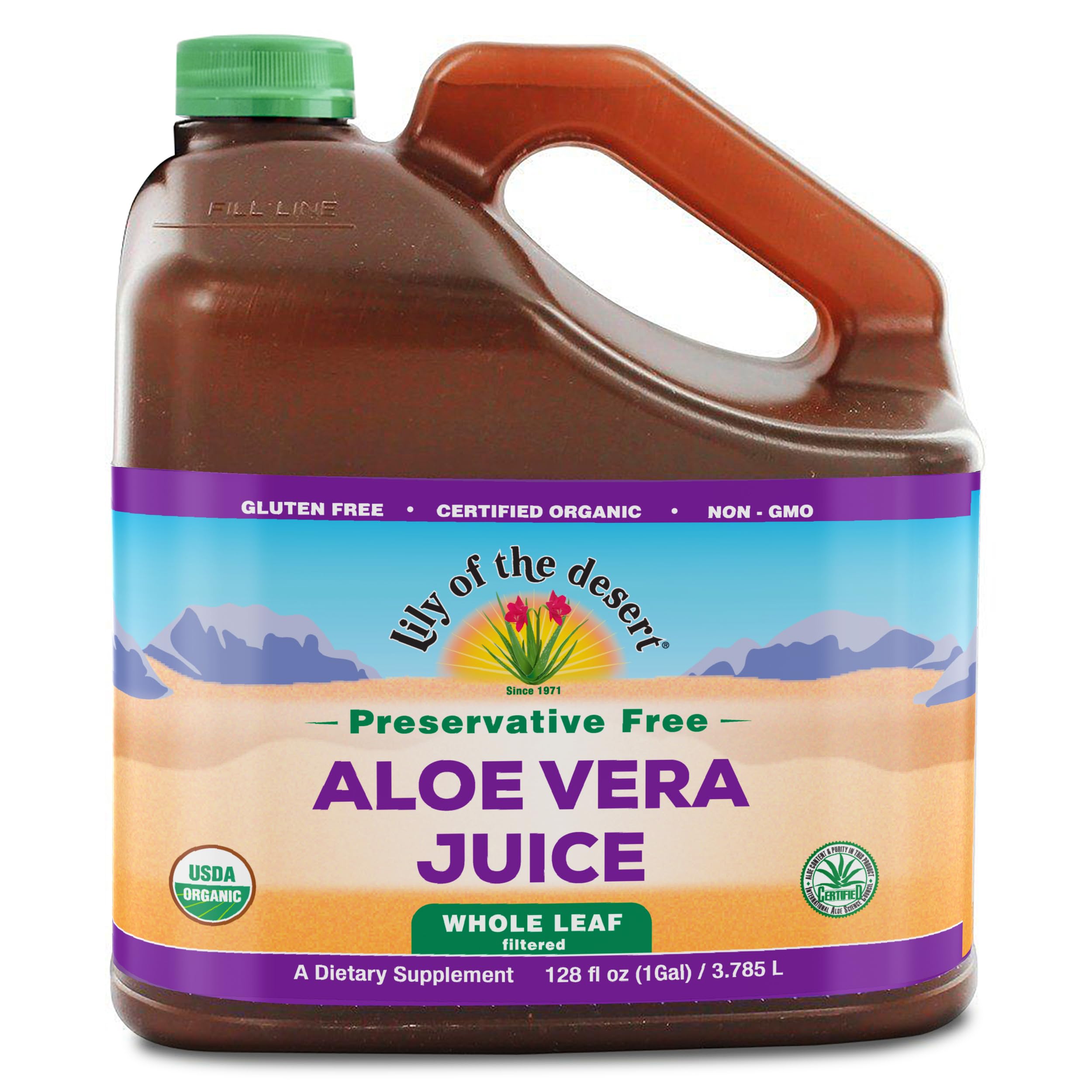 Lily Of The Desert – jus aloe vera en bouteille, aspect clair et naturel avec label bio