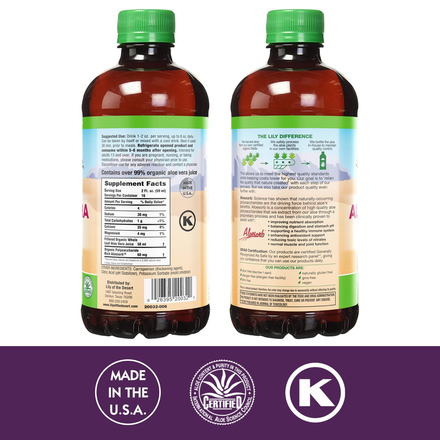 Bouteille d'aloe Lily Of The Desert transparente, pratique pour utilisation quotidienne.