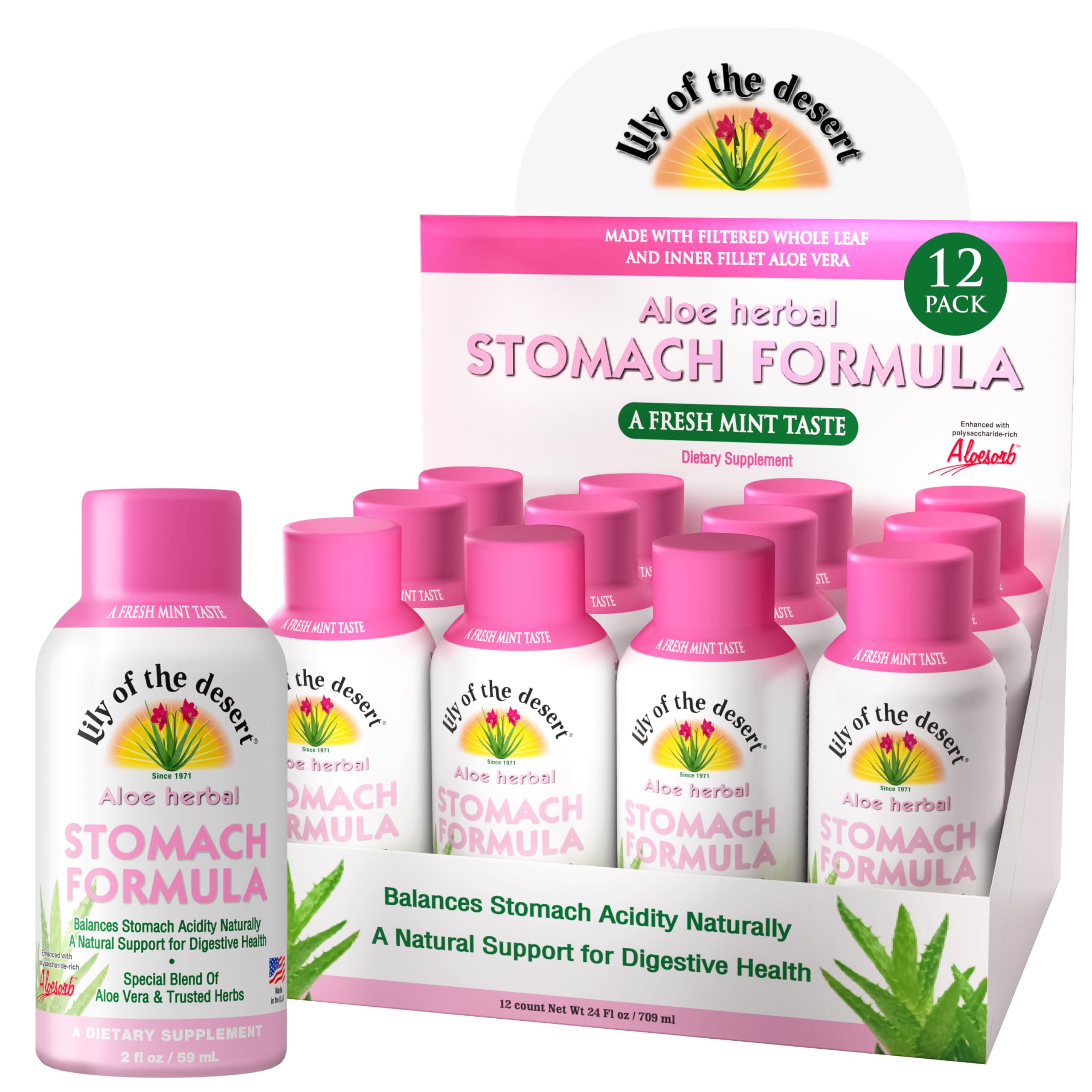 Lily of the Desert Formule Estomac flacon 60 ml, pratique en déplacement et facile à emporter.