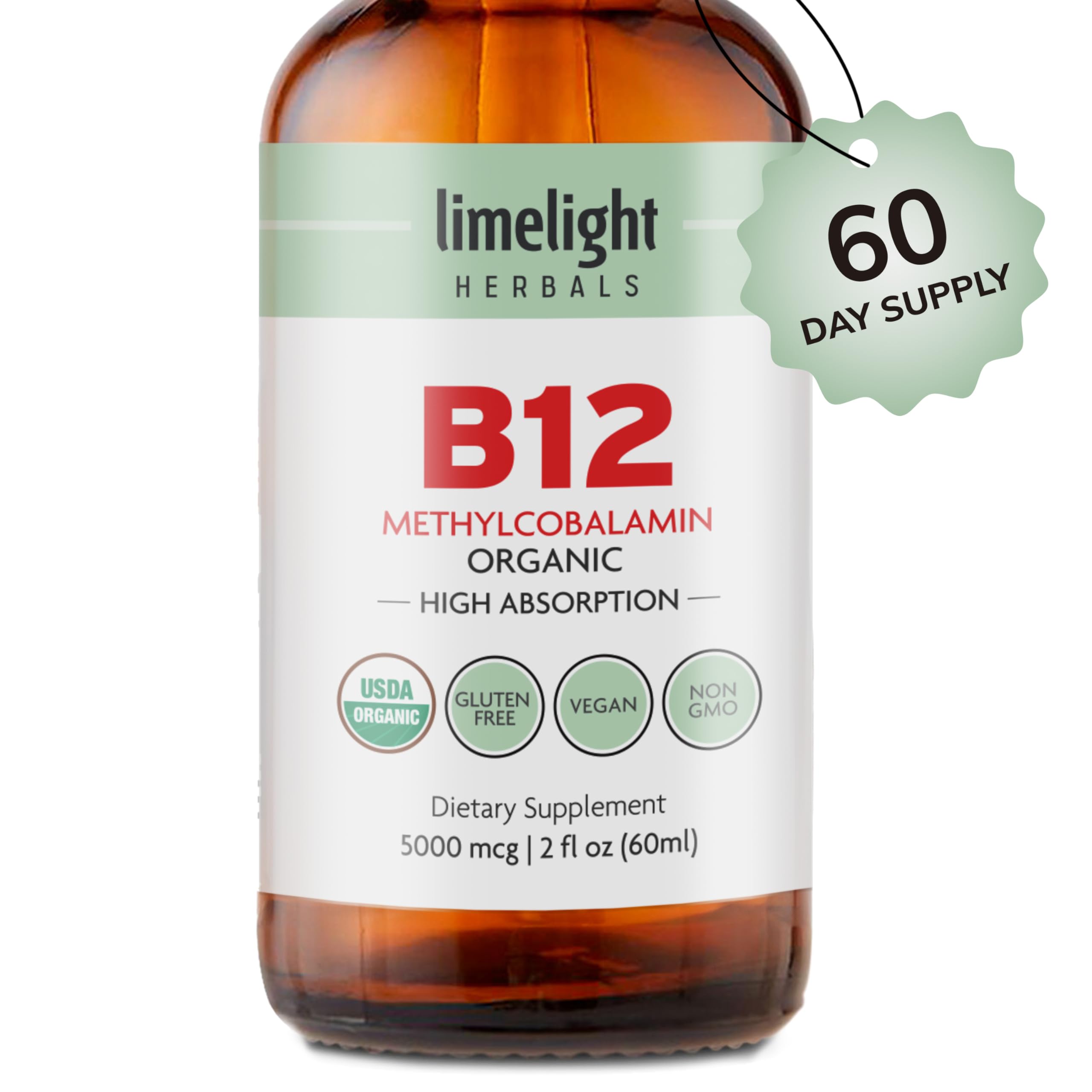 Flacon LIMELIGHT HERBALS B12 5000 mcg – dosage quotidien pratique.