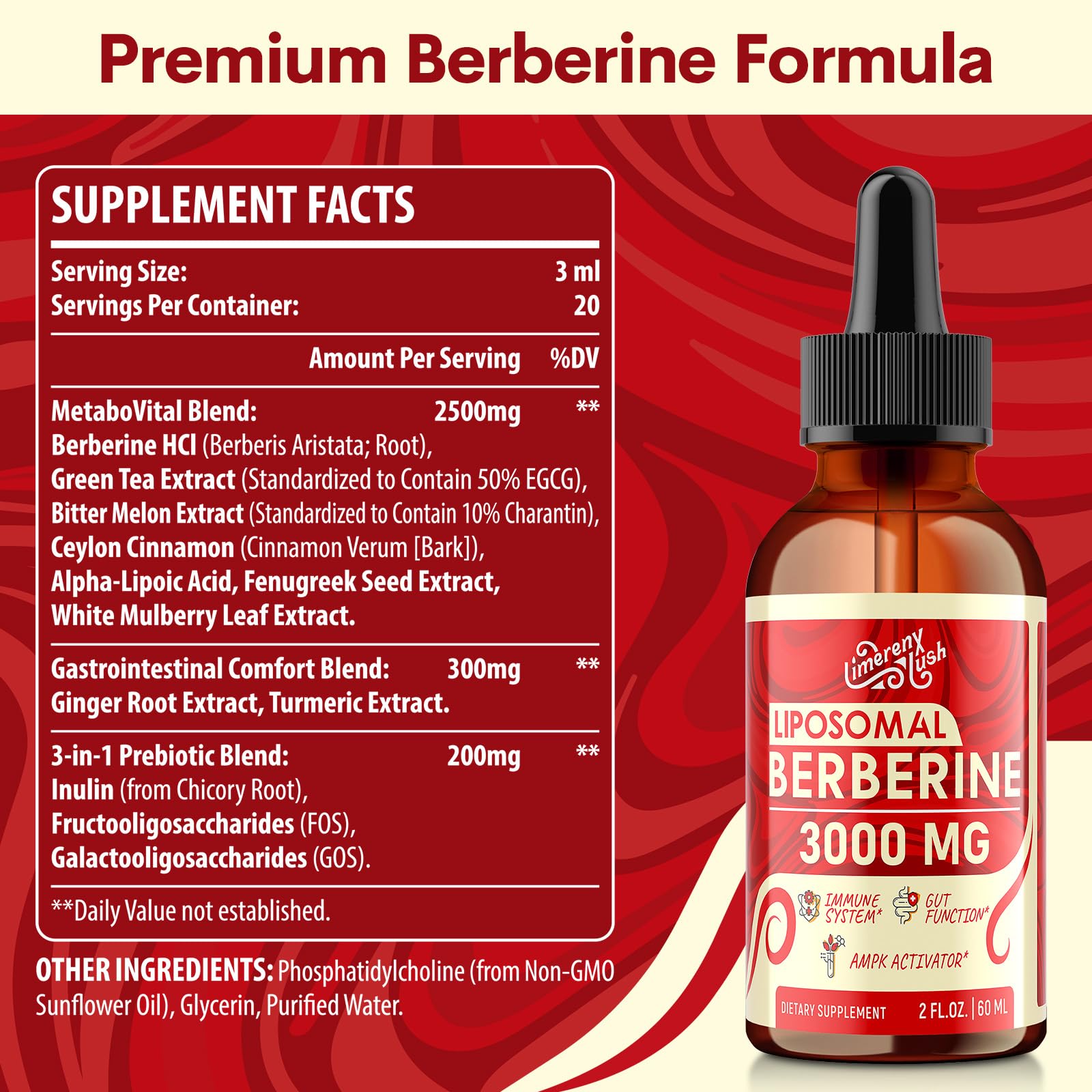LimerenxLush prébiotiques Inuline FOS GOS avec berbérine gouttes