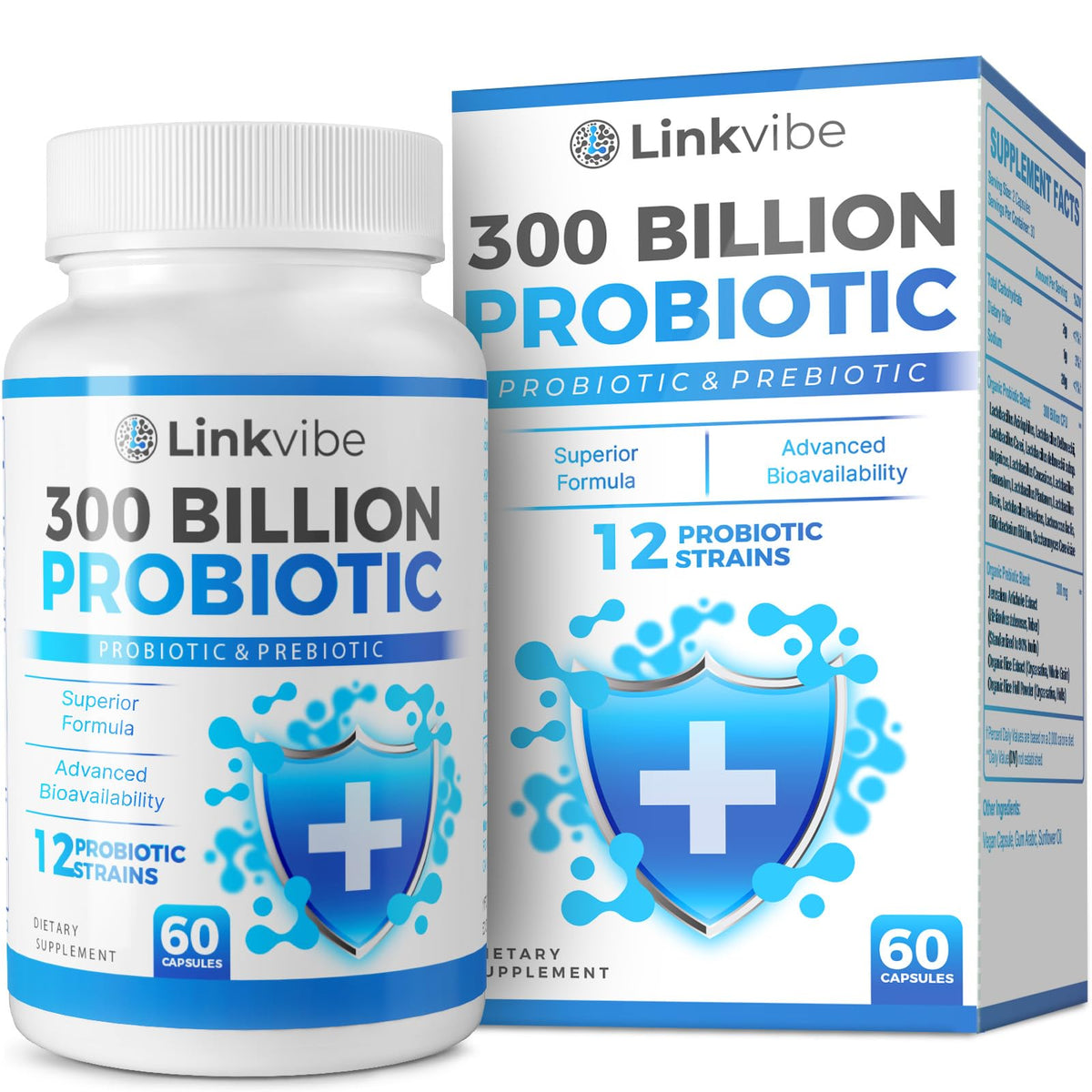 Linkvibe Probiotiques 300 Milliards CFU — bouteille compacte favorisant la digestion équilibrée.