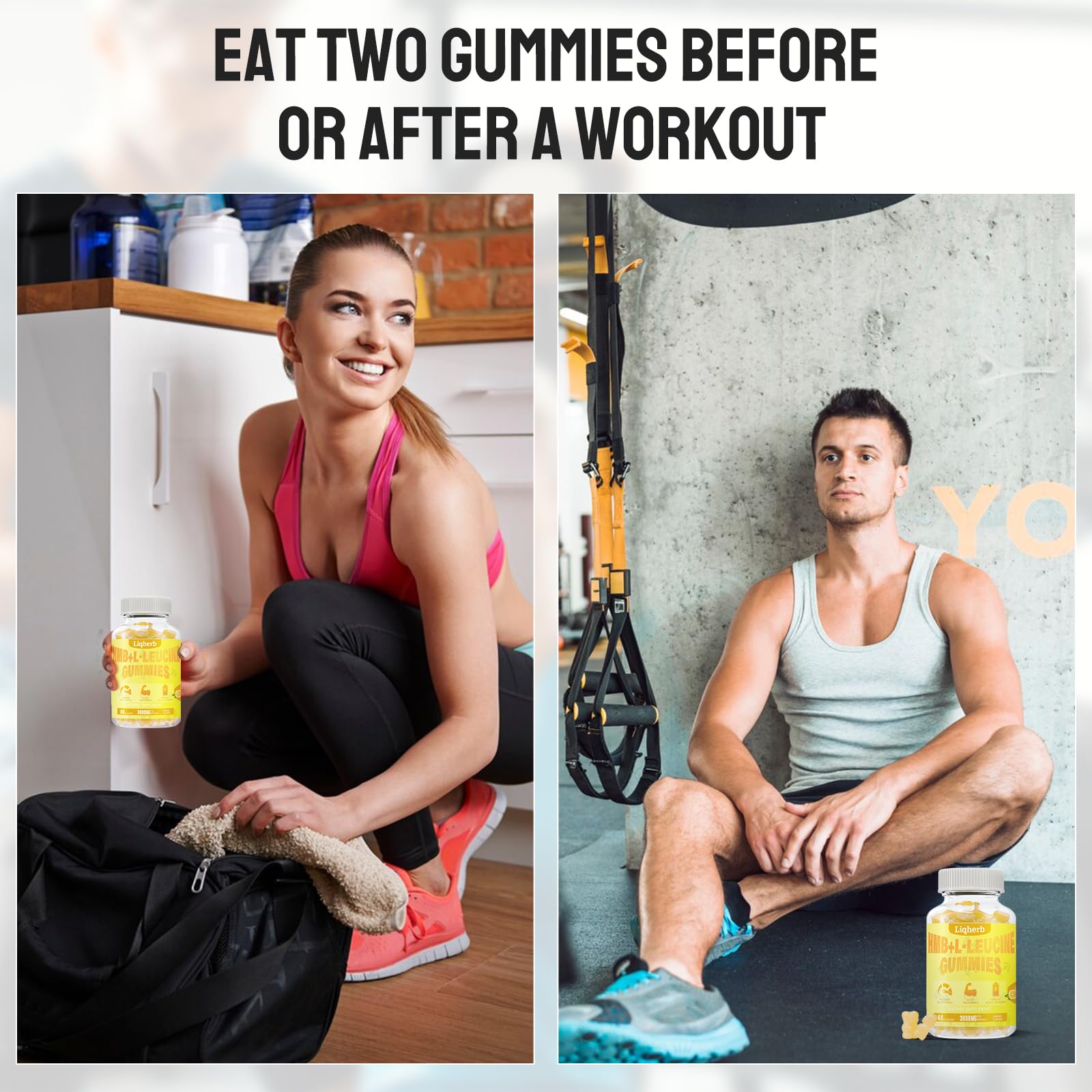 Gommes Liqherb HMB et Leucine - ingrédients vegan et sans gluten, respectueux du régime.