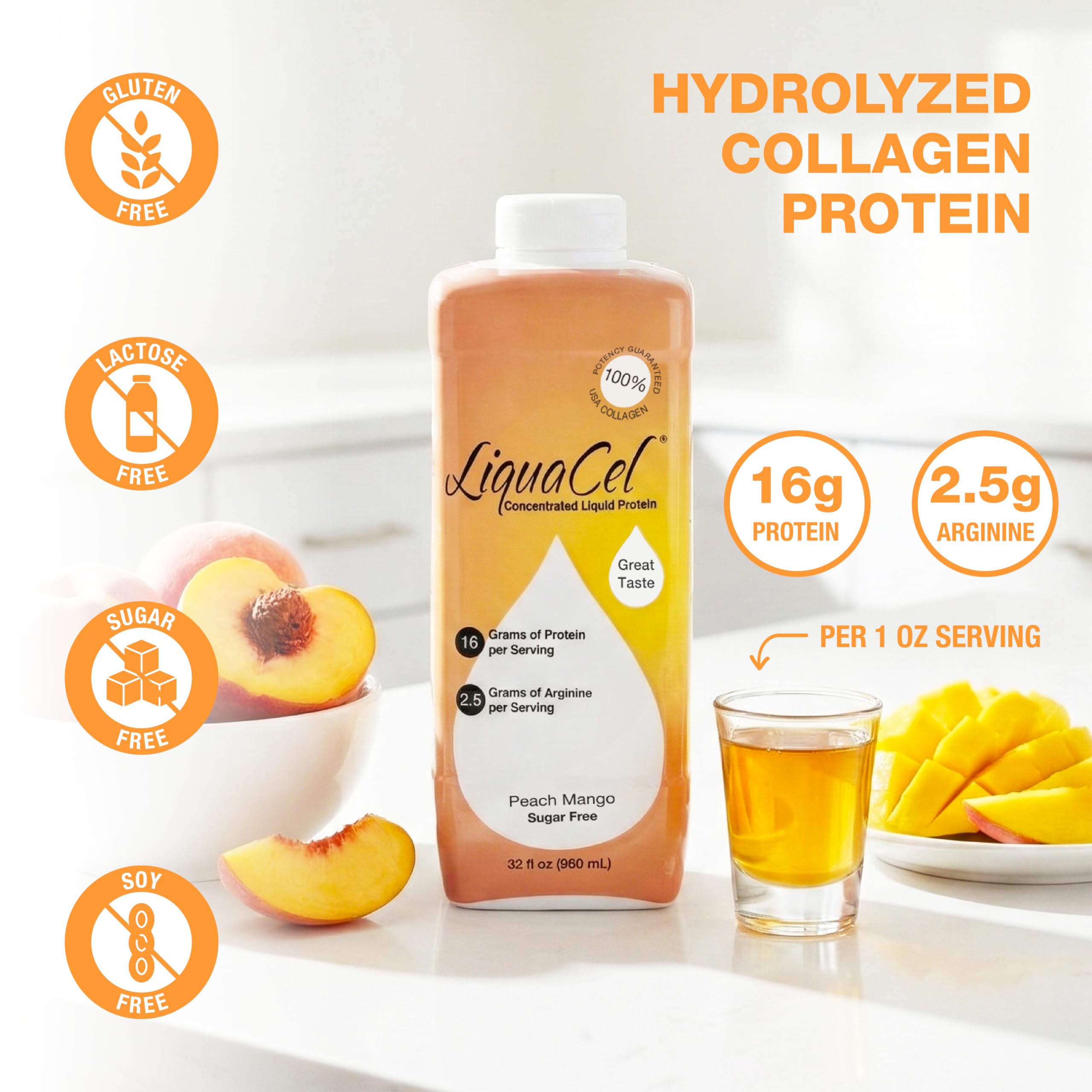 Étiquette montrant le collagène et l’arginine contenus dans LiquaCel.