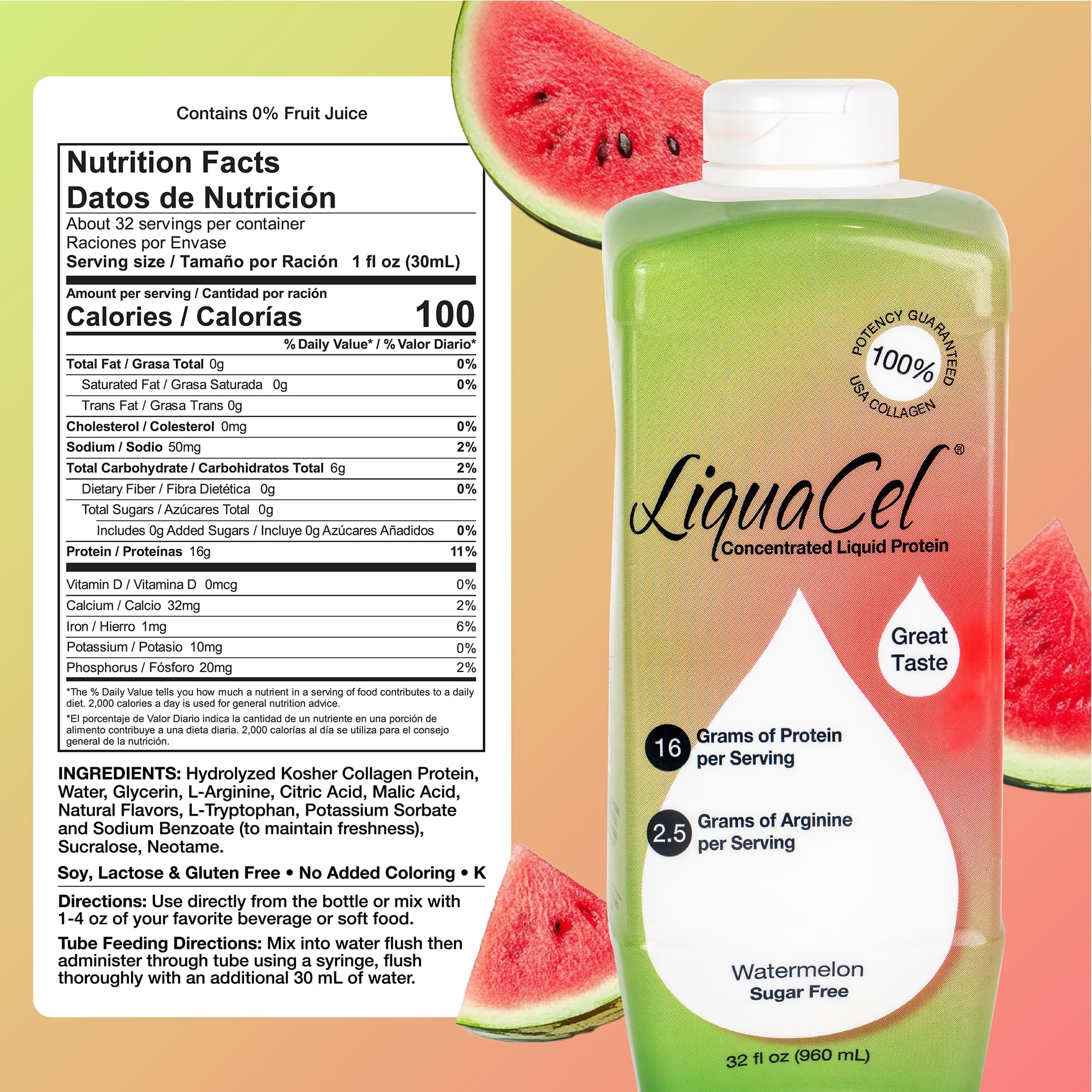 LiquaCel: dosage 1 oz, protéine-collagène et arginine pour un apport rapide.