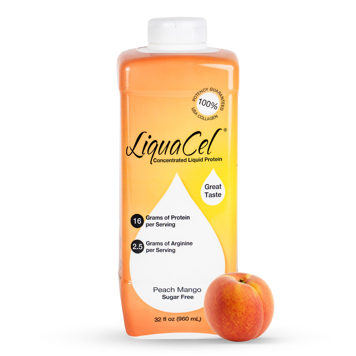 LiquaCel Protéine Liquide Pêche Mangue, bouteille prête à boire de 946 ml.