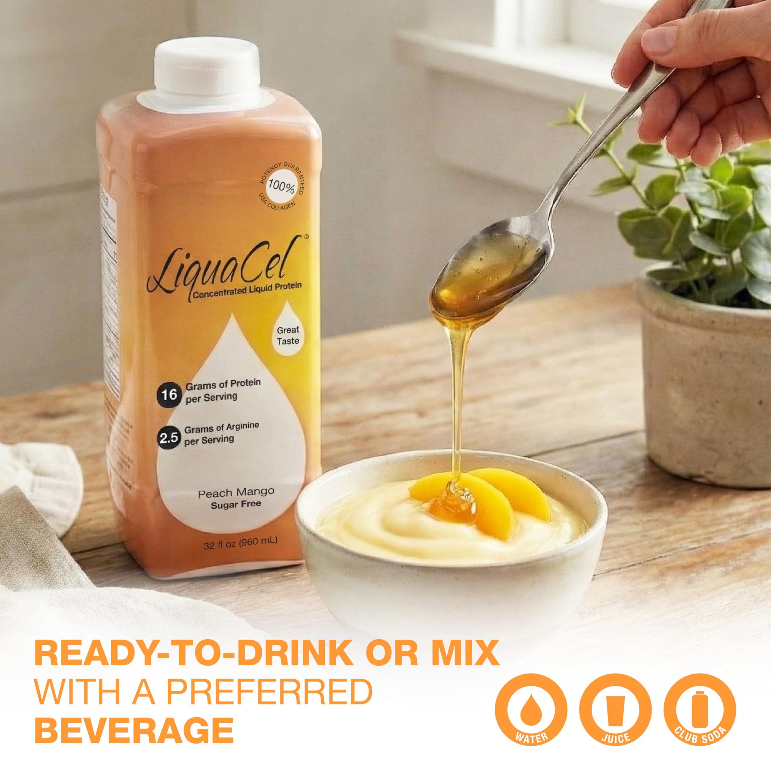 Étiquette LiquaCel sans sucre et sans gluten, adaptée aux régimes.