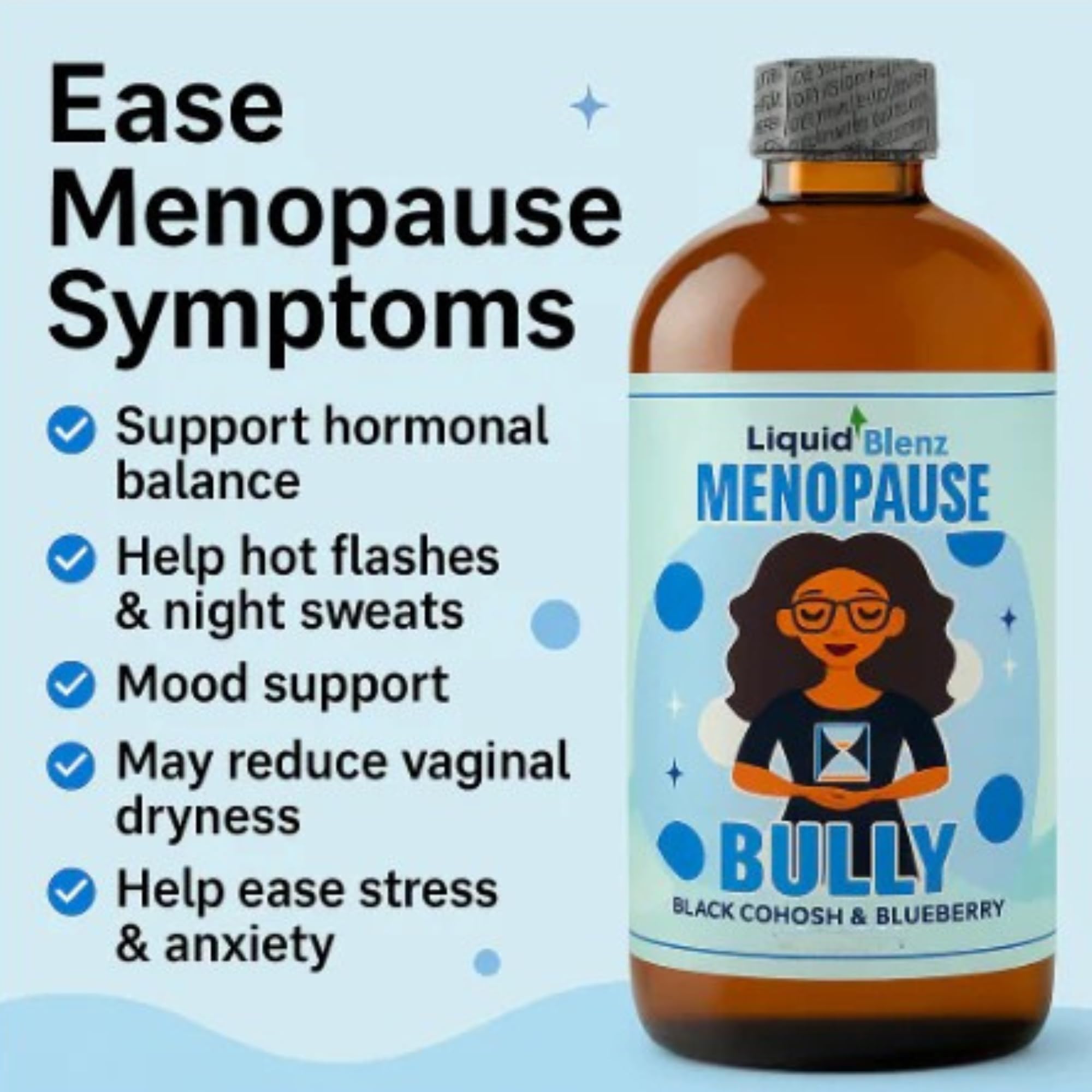 Bouteille LIQUID BLENZ Menopause Bully posée sur table pour un accès rapide.