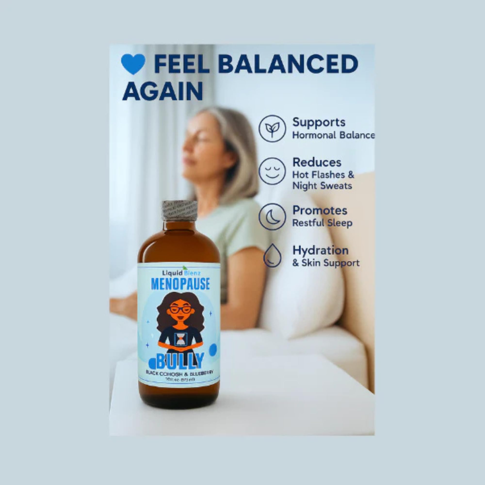 Emballage LIQUID BLENZ Menopause Bully avec informations instructives.