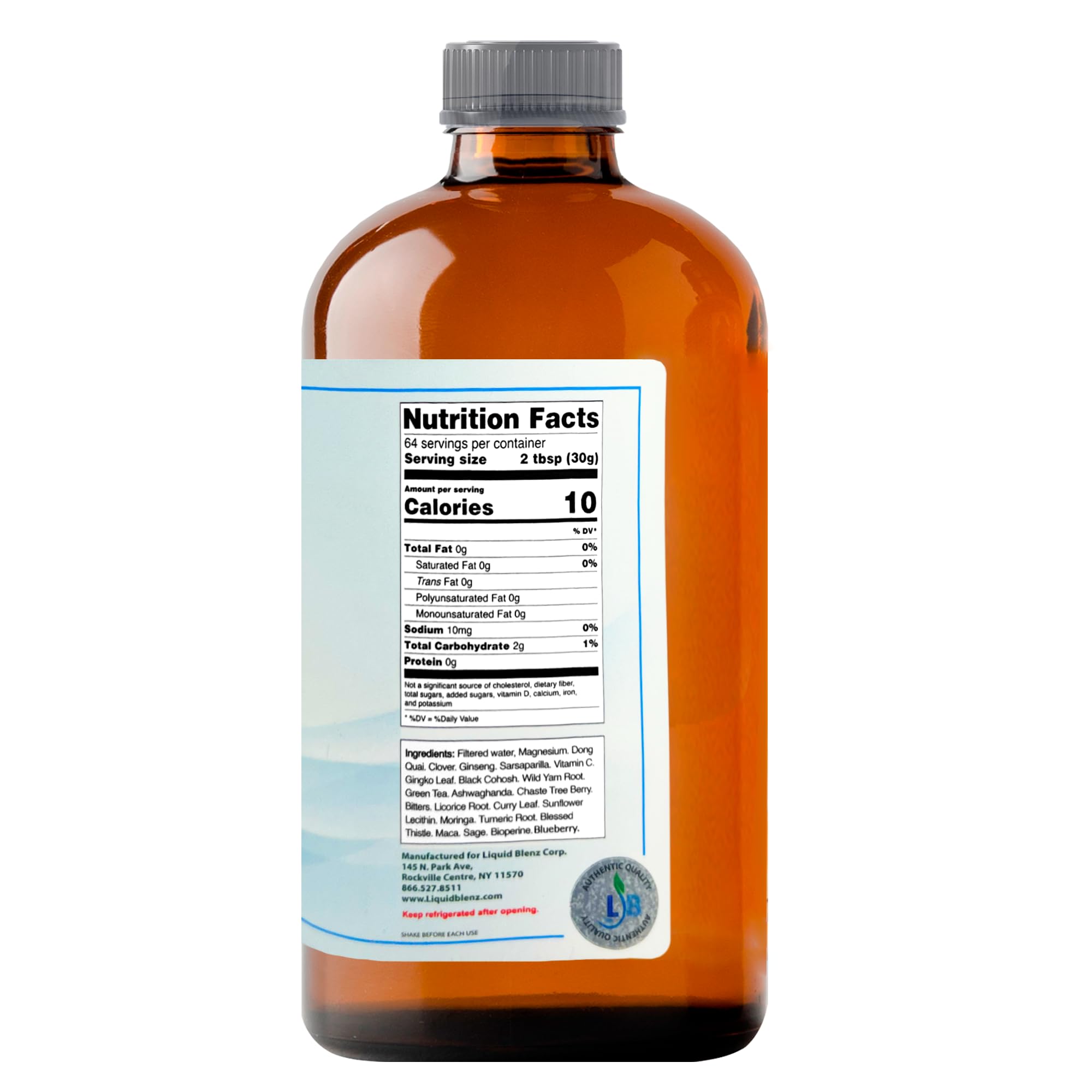 Étiquette claire LIQUID BLENZ Menopause Bully pour une utilisation sûre et répétée.