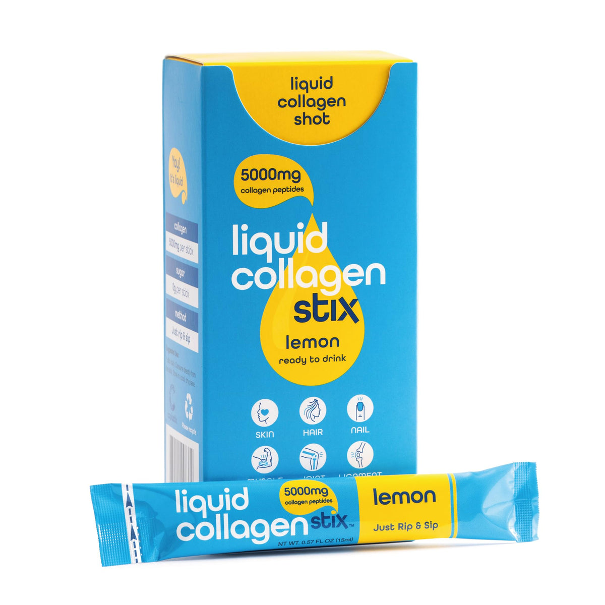 Liquid Collagen Stix – Bouteille citron, boisson rapide pour l'hydratation quotidienne.