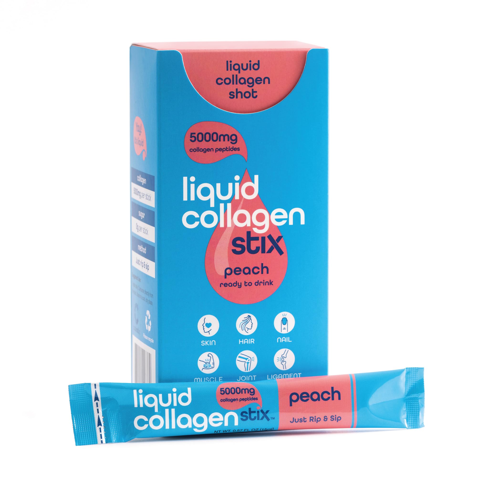 Liquid Collagen Stix bouteille-shot-peche: dégustation rapide pour cheveux et peau.