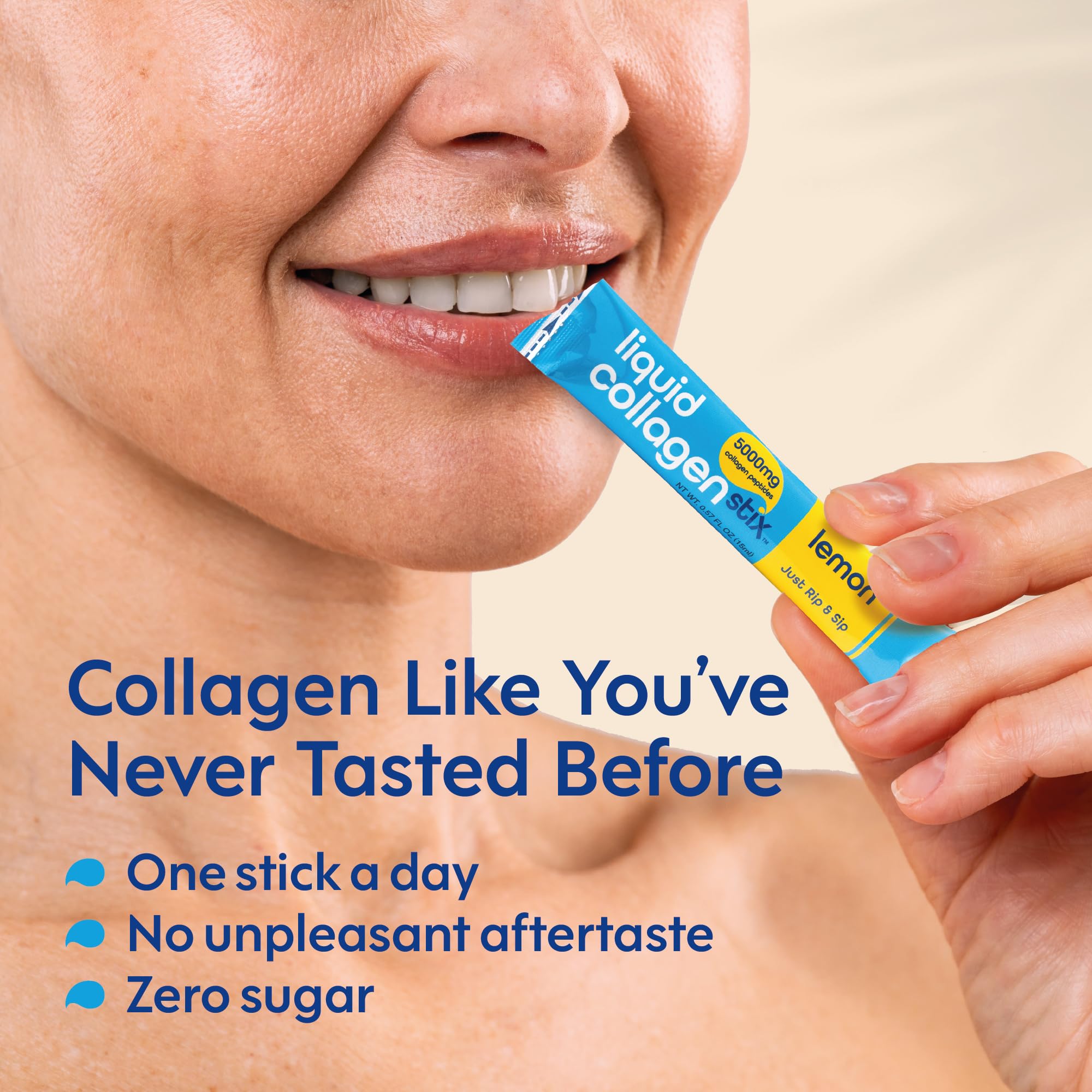 Liquid Collagen Stix – Verre prêt à boire, goût citron rafraîchissant.