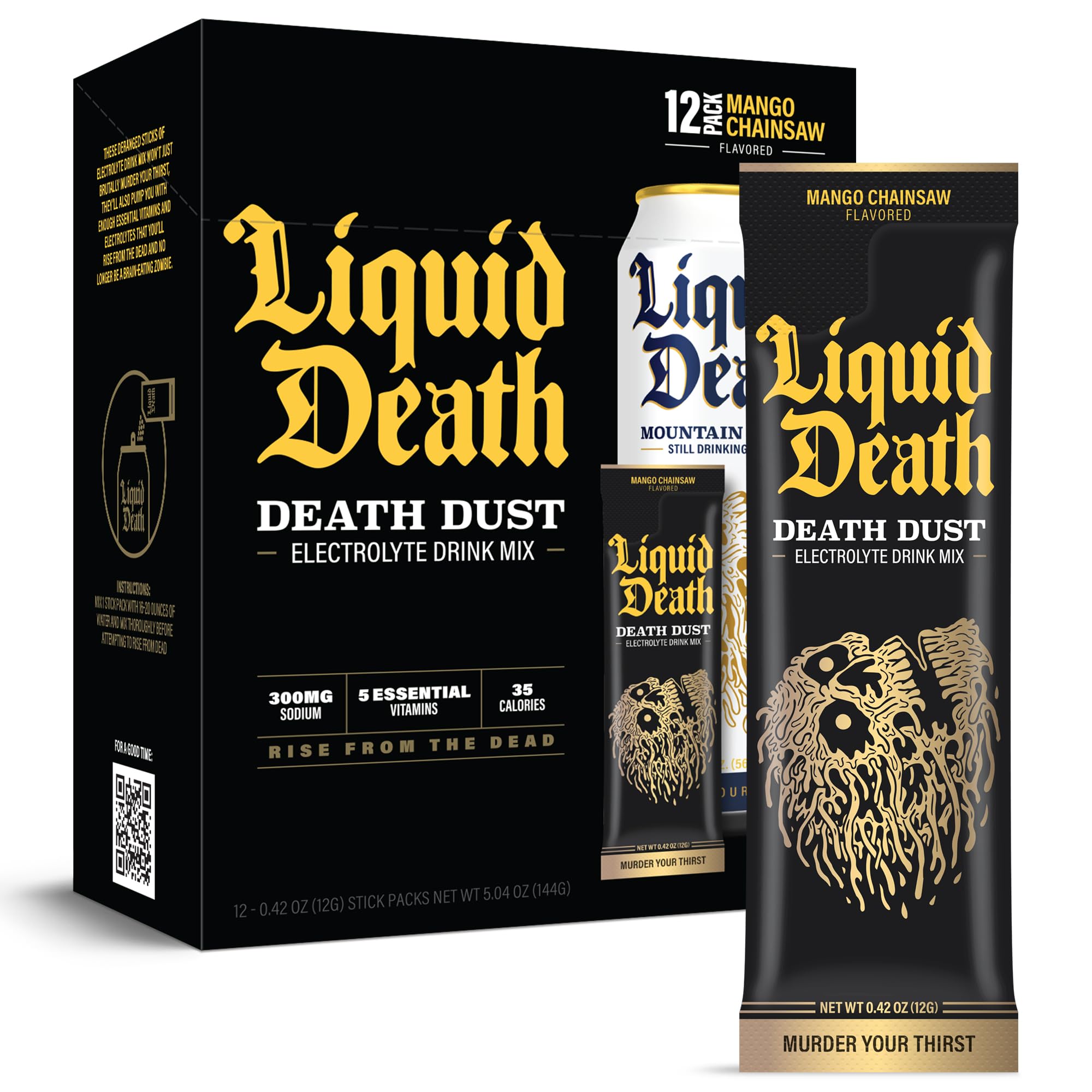 Liquid Death Electrolyte Death Dust, sachets mangue, hydratation pratique après l'effort.