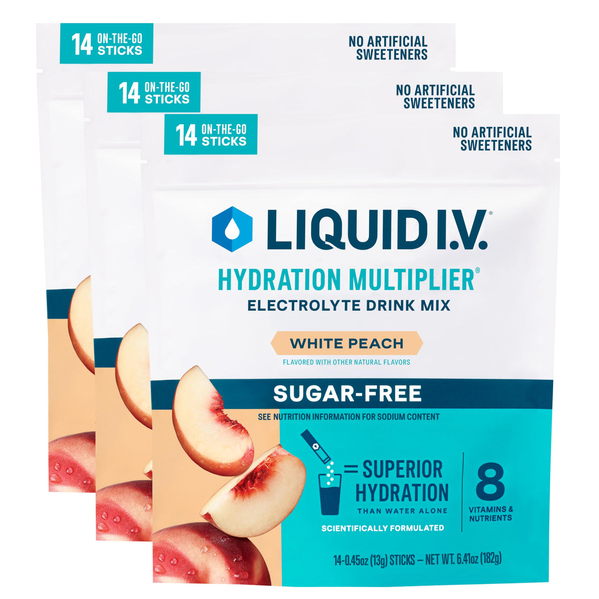 Liquid I.V Hydration Multiplier sans sucre pêche blanche – sachets pack-3 pour une hydratation pratique