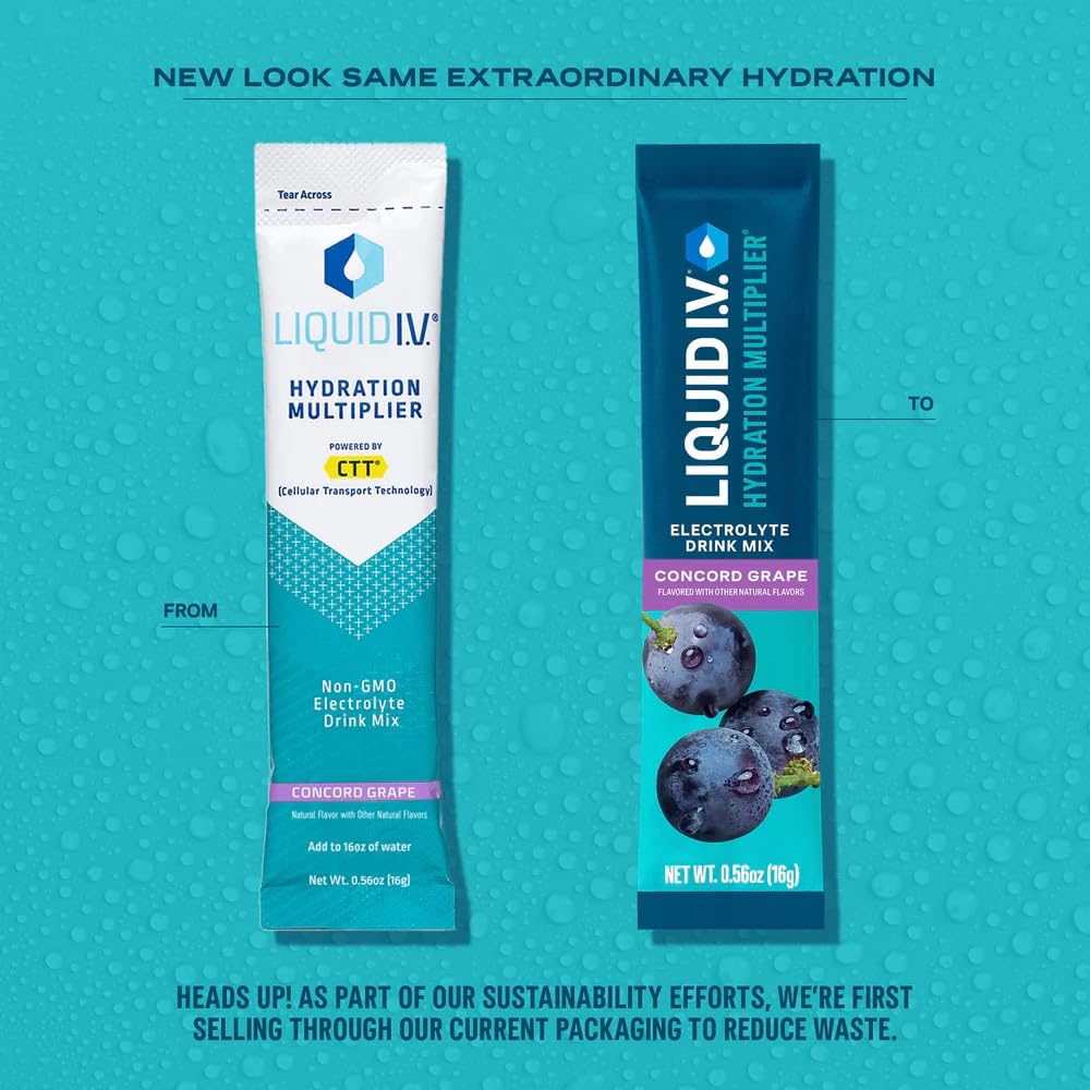 Liquid I.V. Hydration Multiplier Concord Grape – sachet ouvert montrant la poudre prête à se dissoudre