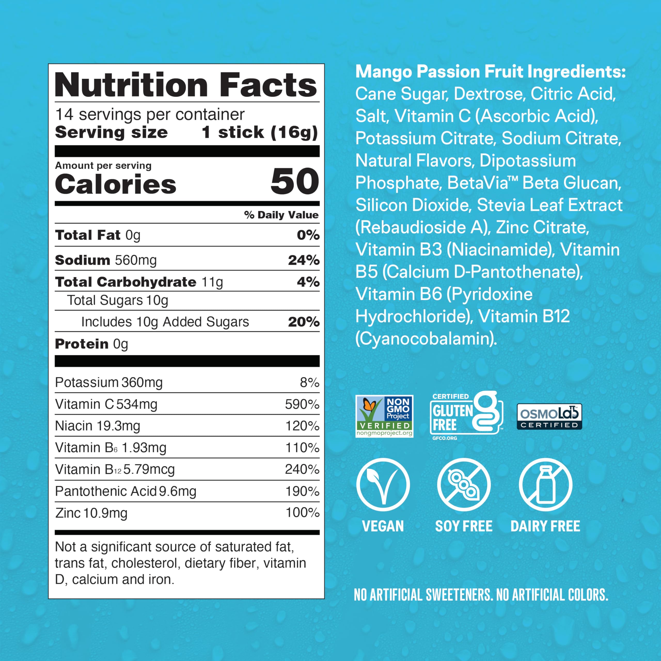 Liquid I.V. Hydration Multiplier Mango Passionfruit, sachet ouvert prêt à mélanger pour une boisson rafraîchissante