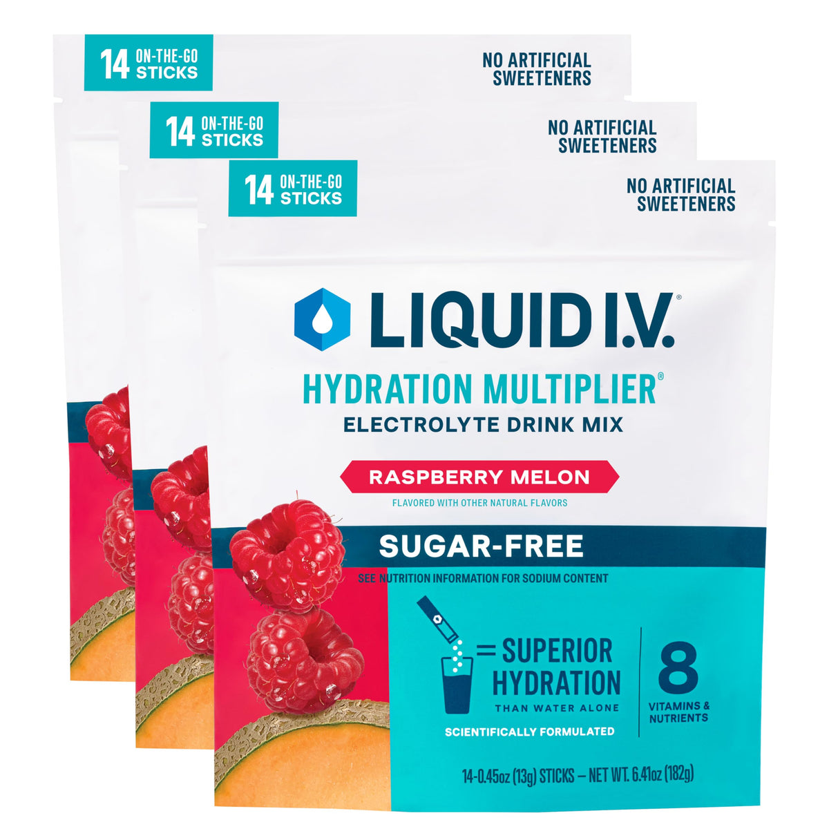 Sachet Liquid I.V. Hydration Multiplier sans sucre, framboise-melon, pratique en déplacement.