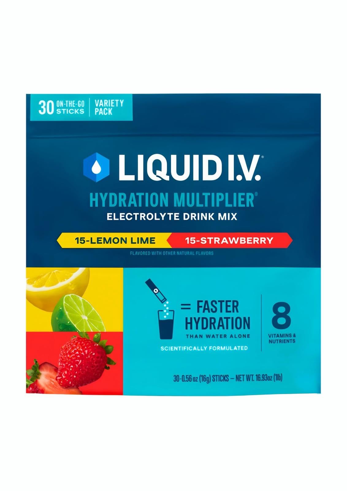 Sachets Fraise Liquid I.V Hydration, goût fruité pour hydrater en déplacement.