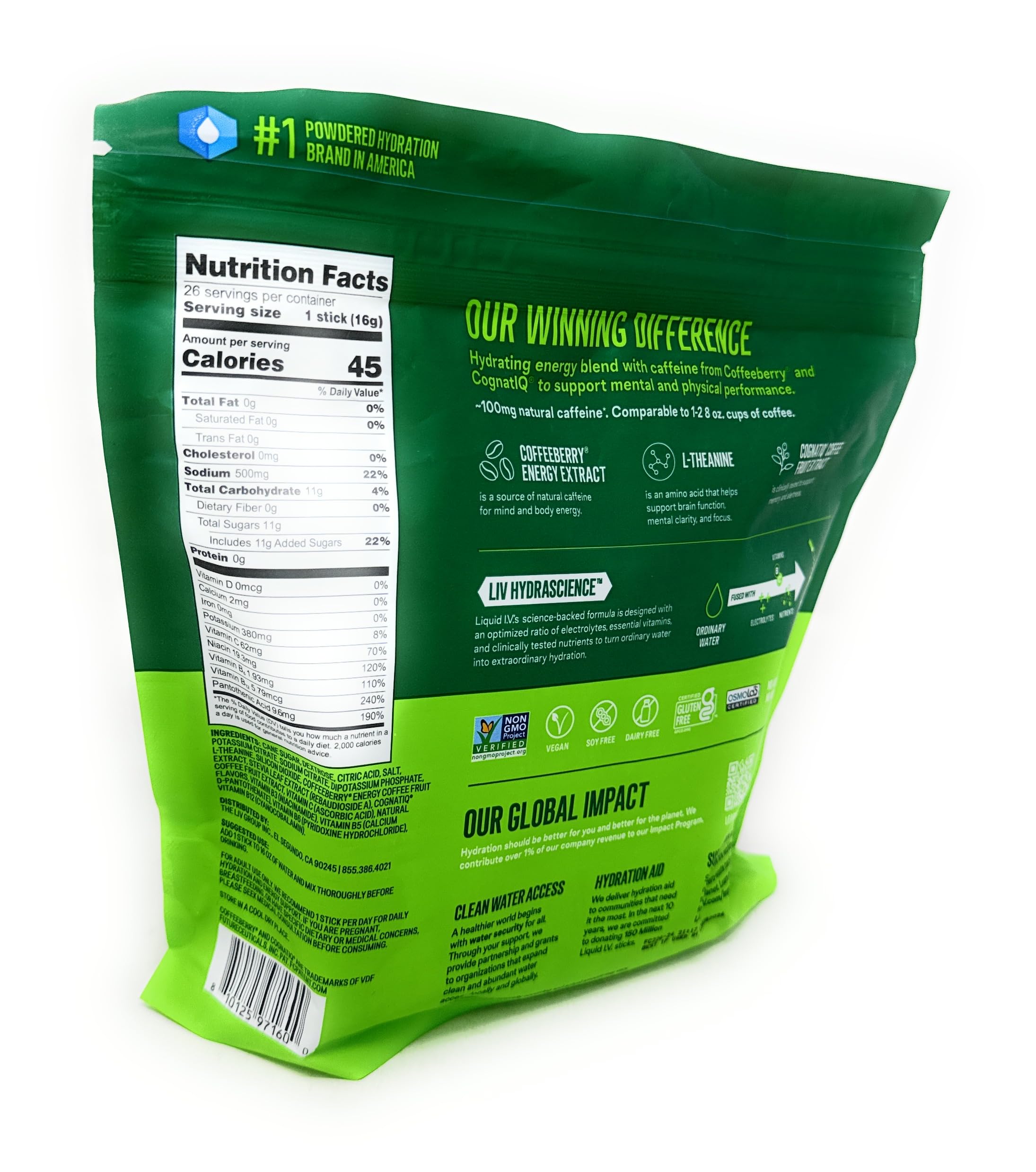 Poche refermable Liquid I.V. pour emporter les sachets facilement.