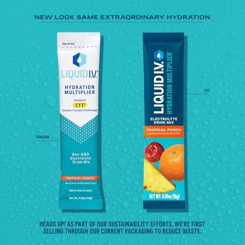 Emballage Liquid I.V. Hydratation Multiplier Tropical Punch montrant le format pratique
