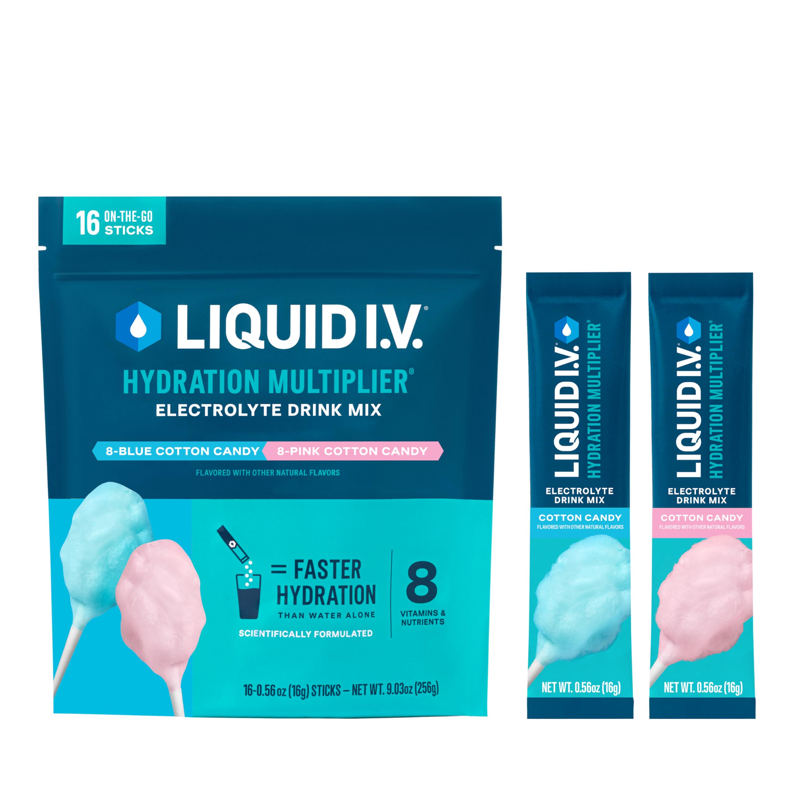Liquid I.V. Cotton Candy bouteille montrant le mélange électrolytique rapide