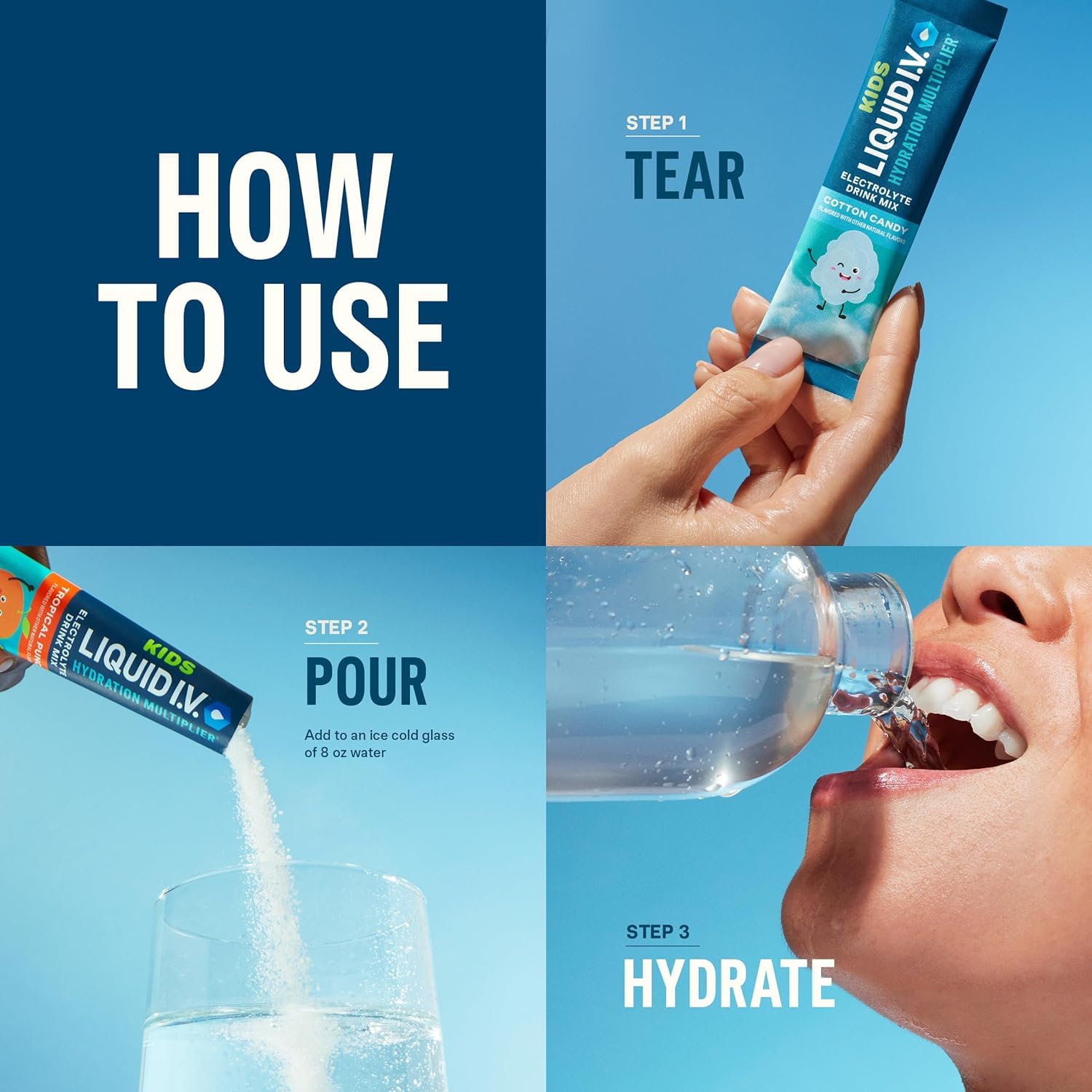 Liquid I.V. Cotton Candy gros plan sur le sachet prêt à être mélangé