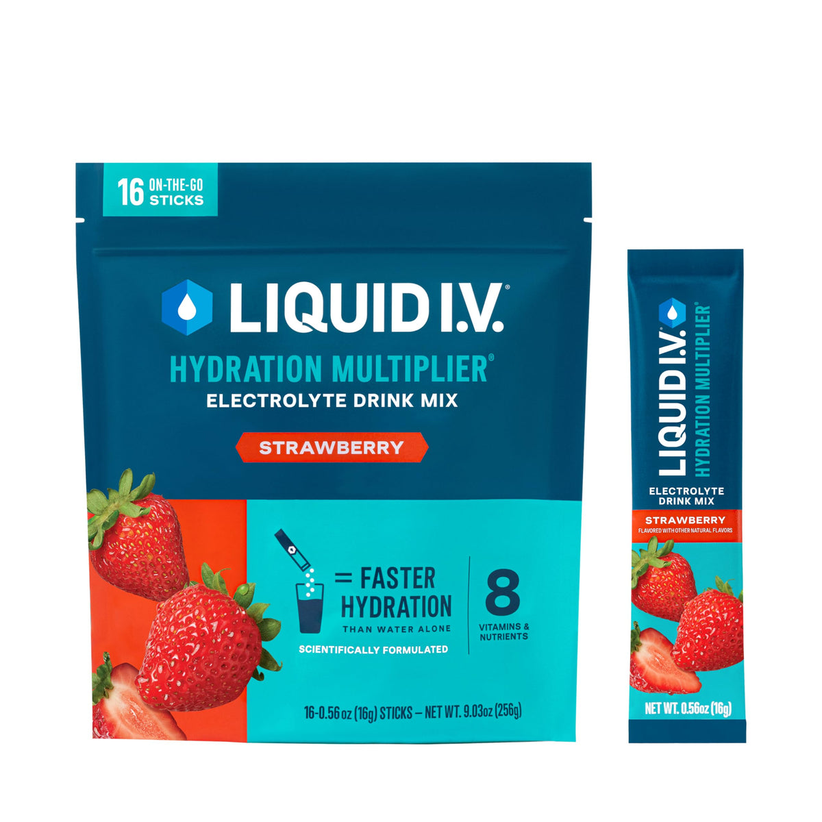 Liquid I.V. Hydration Multiplier sachet fraise prêt à verser dans l'eau