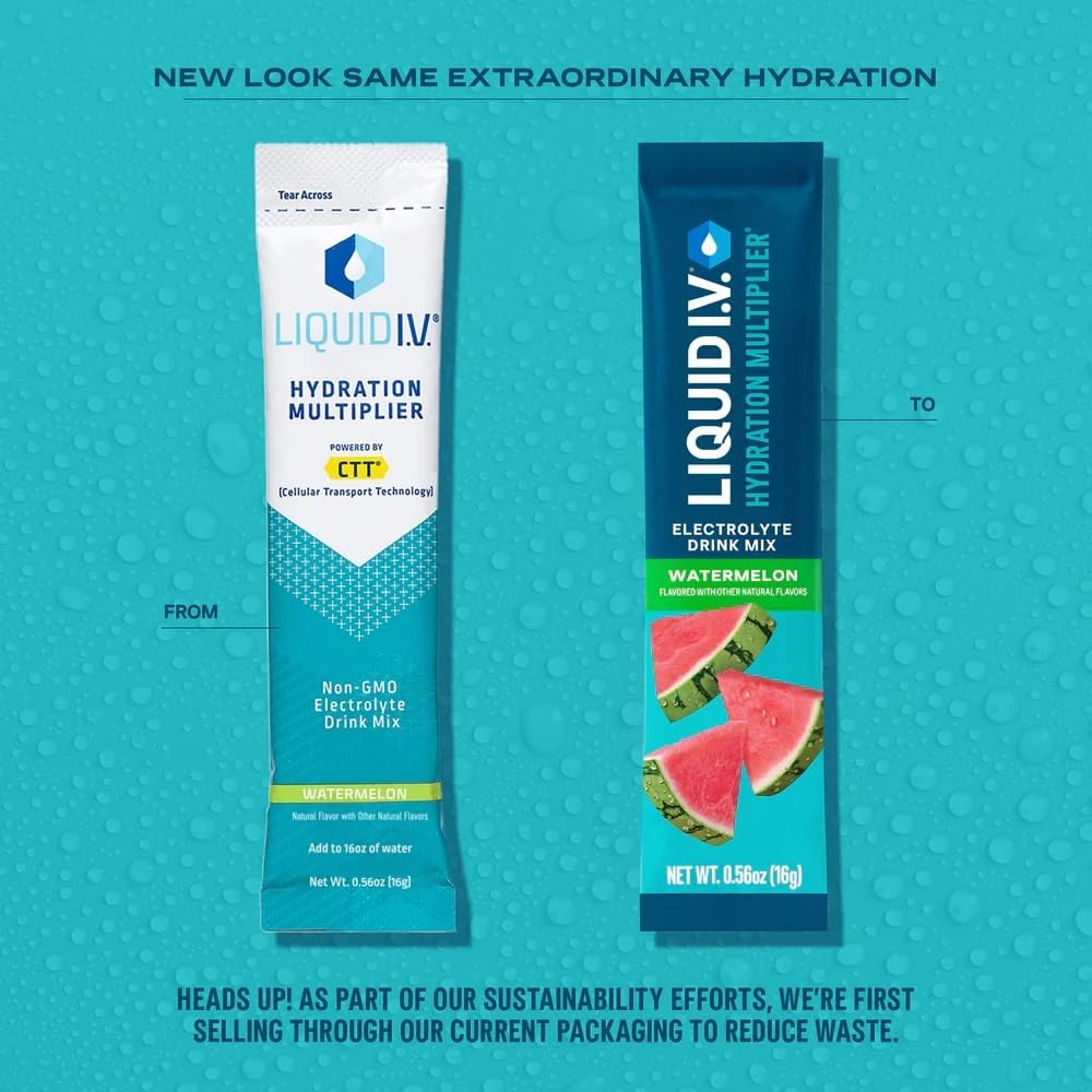 Versement d'un sachet Liquid I.V. Pastèque dans l'eau, démarrage rapide