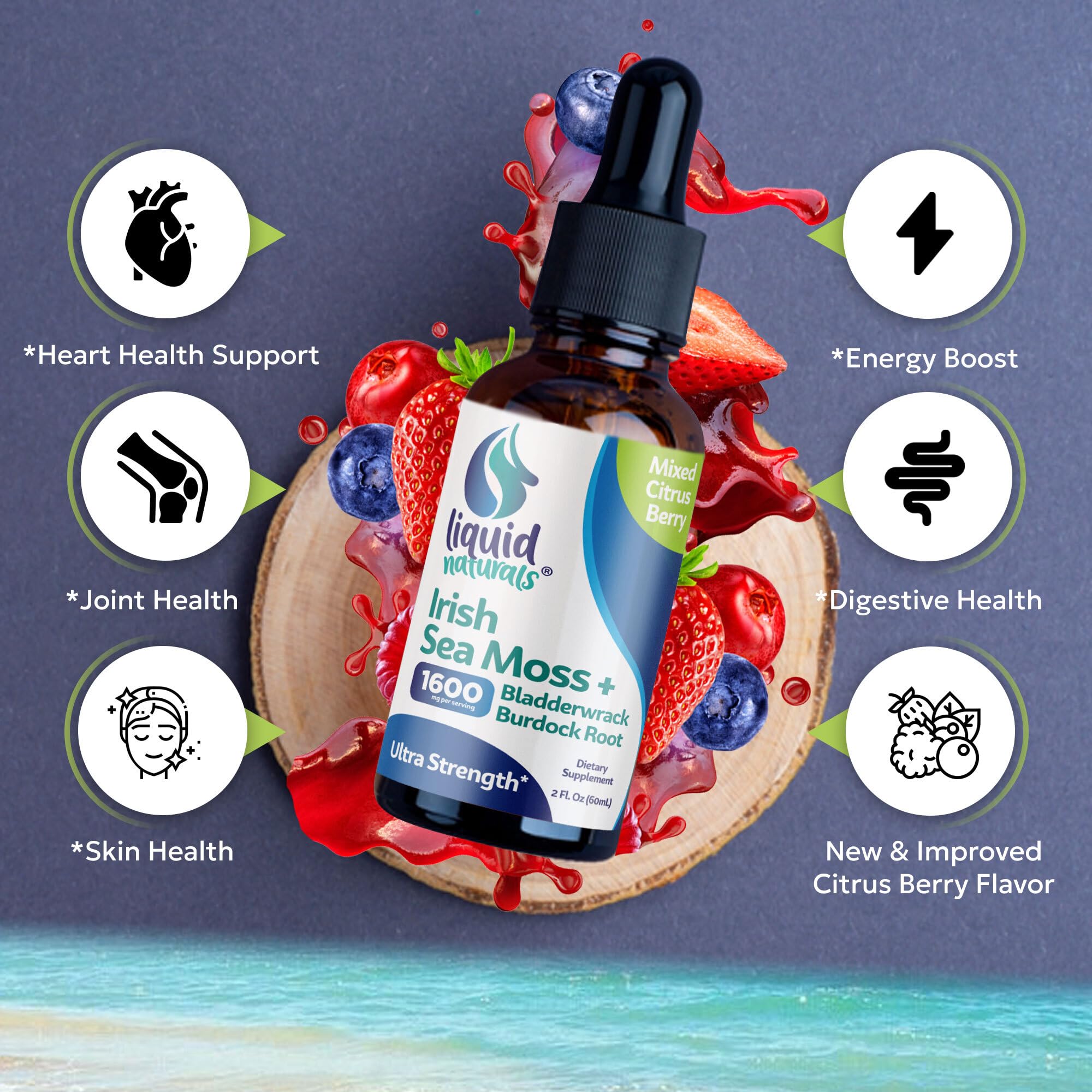 Bouteille Liquid Naturals algue irlandaise citrus-fruit rouge, expérience sensorielle adaptée.