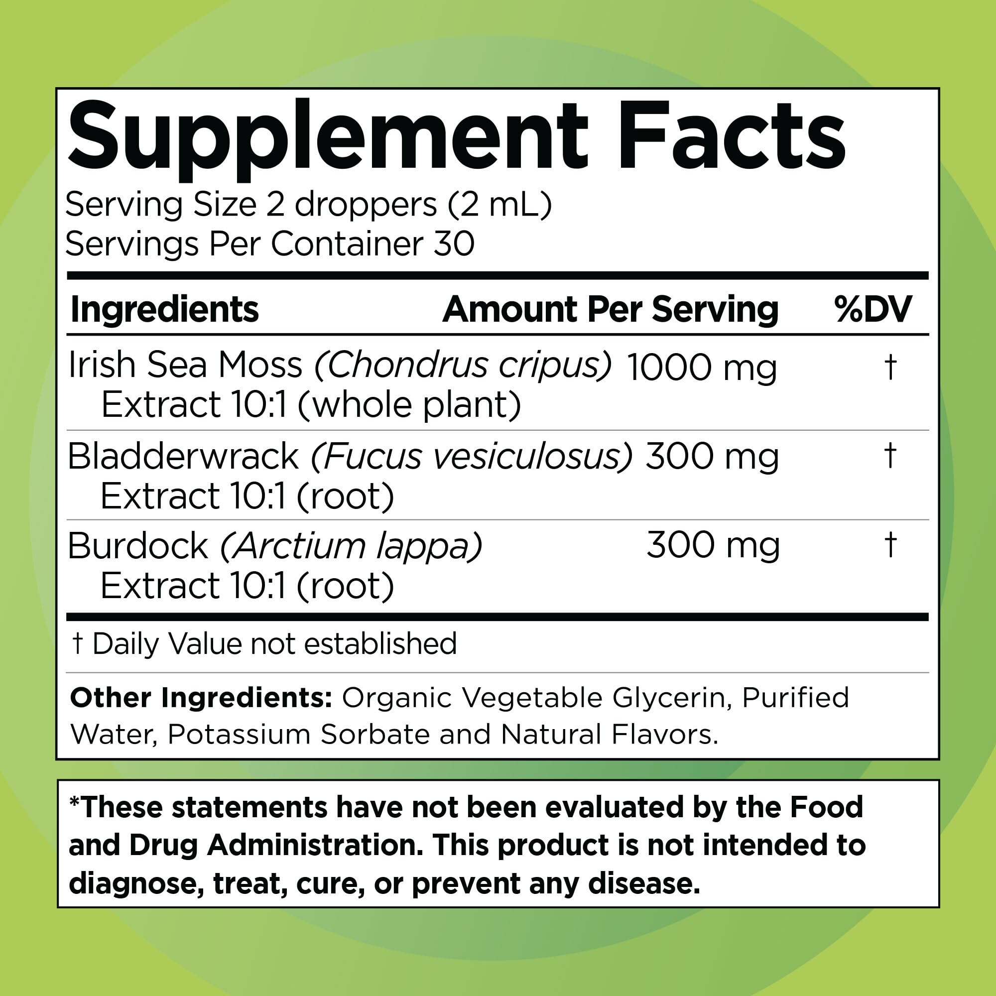Gouttes Liquid Naturals algue irlandaise citrus-fruit rouge, pipette pour dosage rapide.