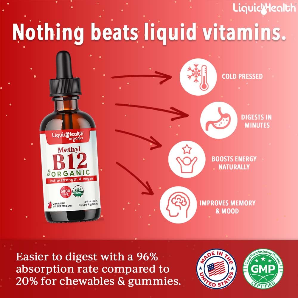 Absorption rapide des gouttes LIQUIDHEALTH B12, soutien énergétique potentiel.