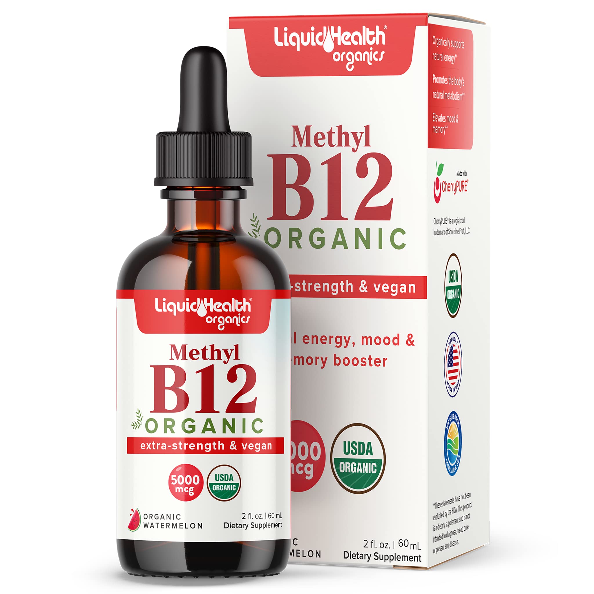 Bouteille LIQUIDHEALTH B12 avec étiquette et énergie naturelle potentielle.